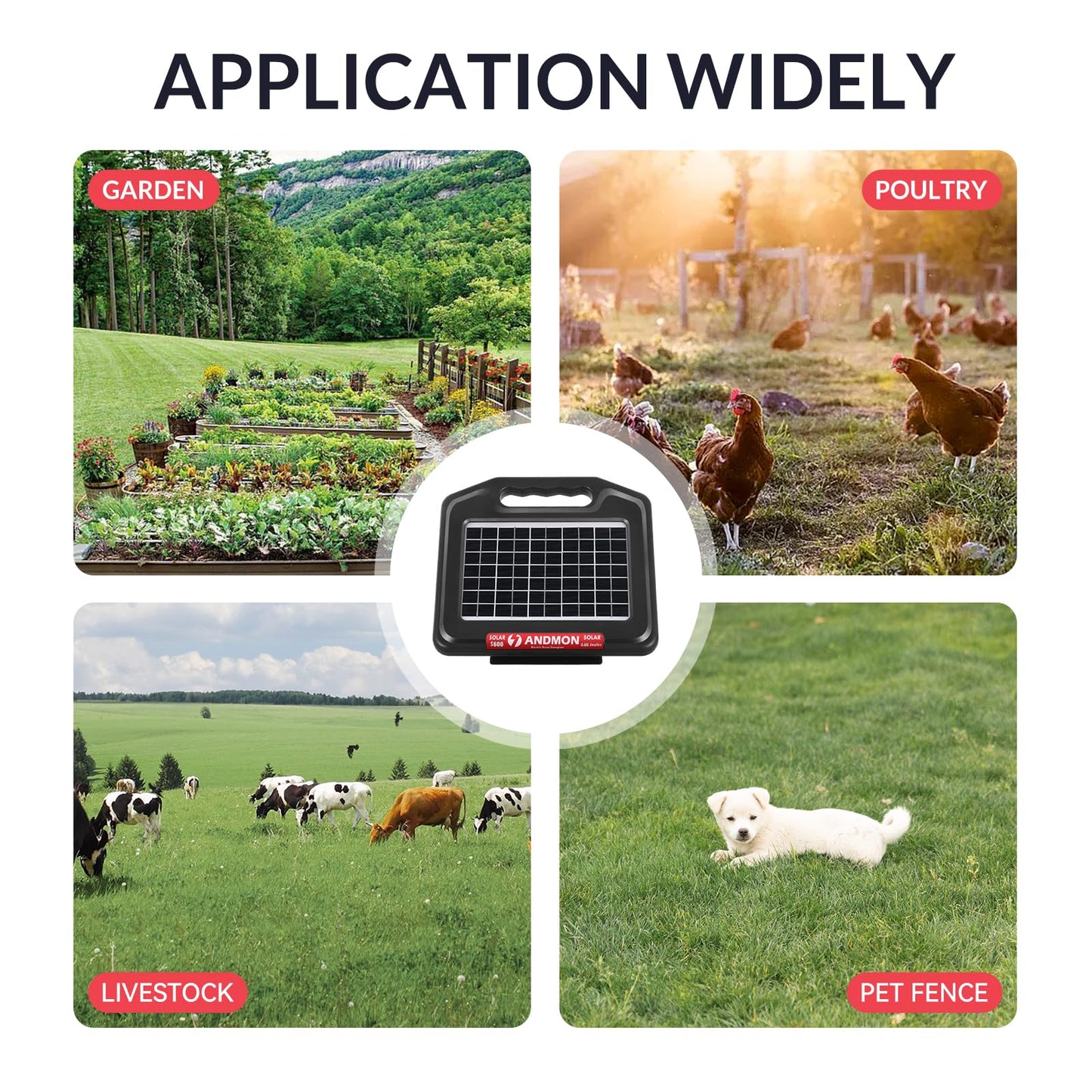 ANDMON S700 35 Miles Solar Fence Charger, 0.76 Joule Solar Electric Fence Charger for Livestock, Horses, Cattle Sheep, Solar Powered Electric Fence with Dual Input, Easy Installation