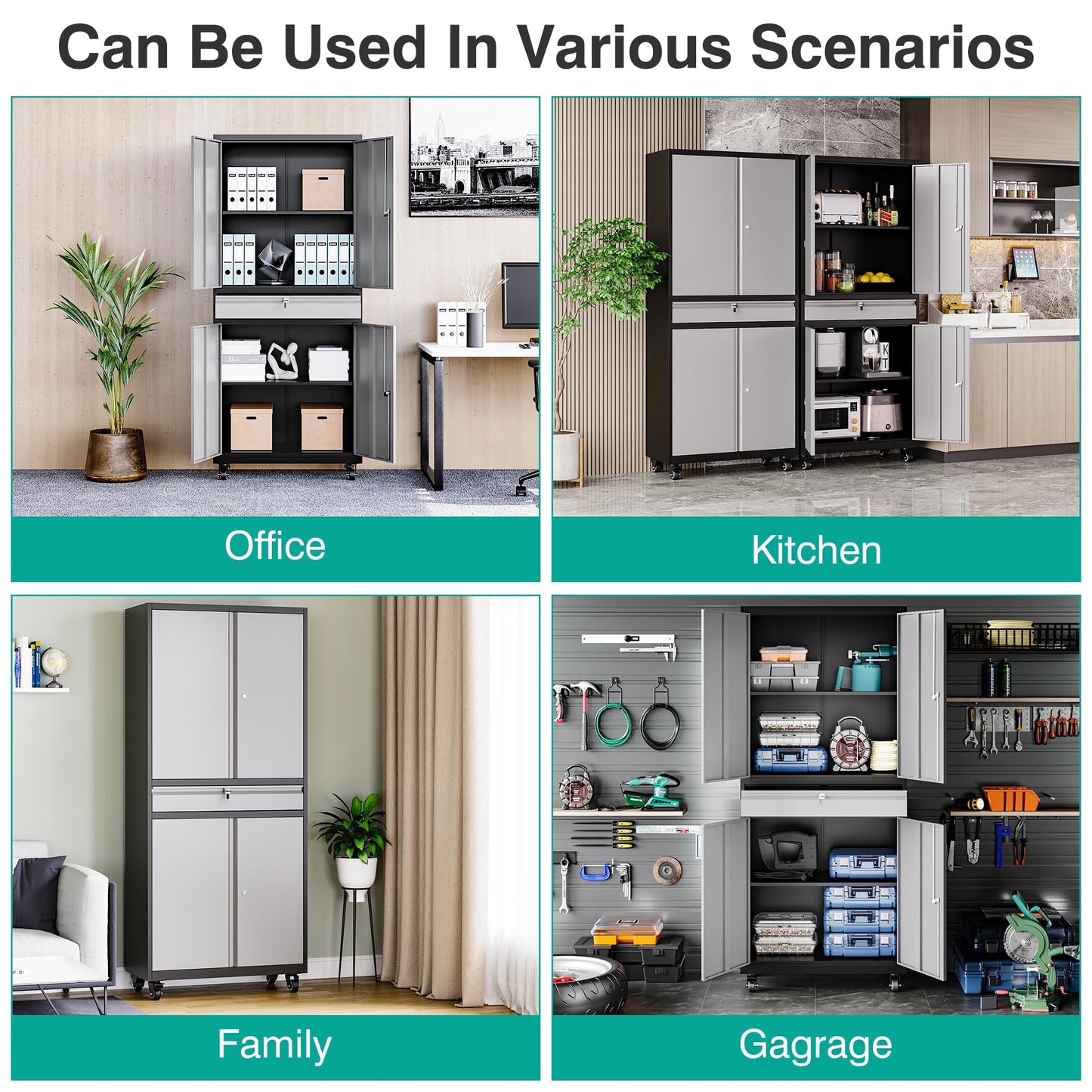 Metal Garage Storage Cabinet with Wheels and Drawer,Gray Rolling Garage Cabinet with Locking Doors and Adjustable Shelves,73" Tall Mobile Metal Storage Cabinets on Wheels for Home,Office,Garages,Tool