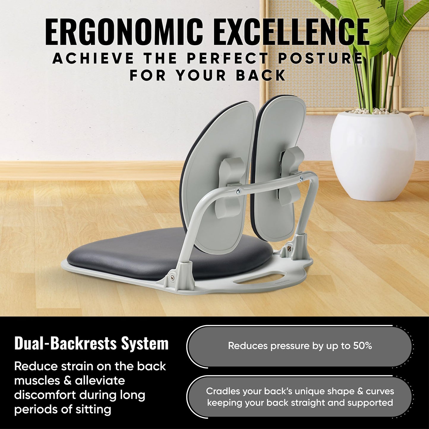 Made in Korea Dual-Backrests Ergonomic Floor Chair With Back Support - Meditation, Gaming, Reading Chair for Adults, Foldable (Black Leather)