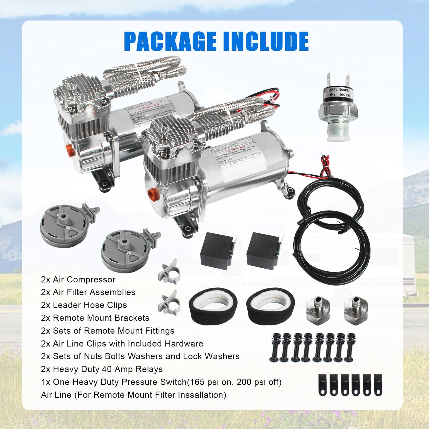 JDMSPEED New 12 Volt Dual Chrome 440C 200 PSI Air Compressor Kit 440C