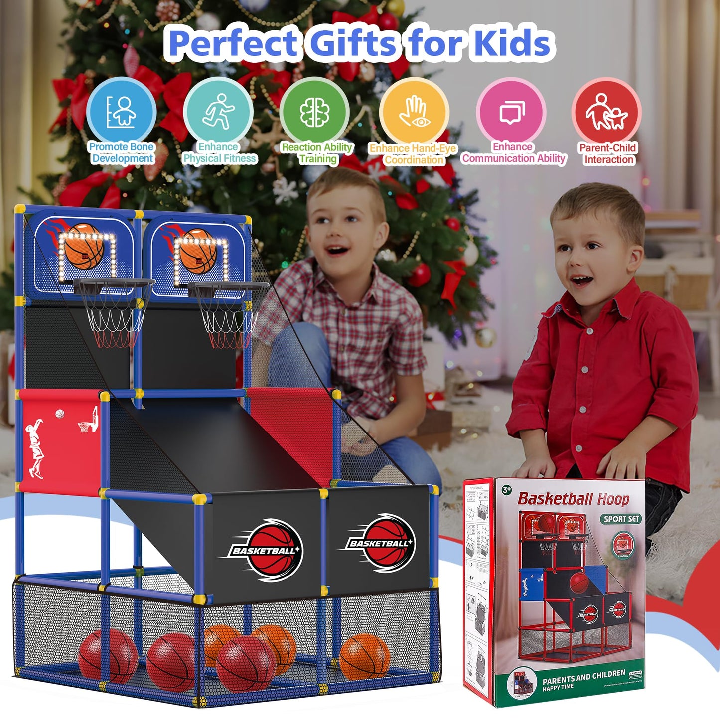 M SANMERSEN Kids Double Basketball Hoop Arcade Game Set with 6 Balls Electronic Scoreboard LED Light, Indoor & Outdoor Play, Birthday/Halloween for 3-8 Year Old Boy and Girl