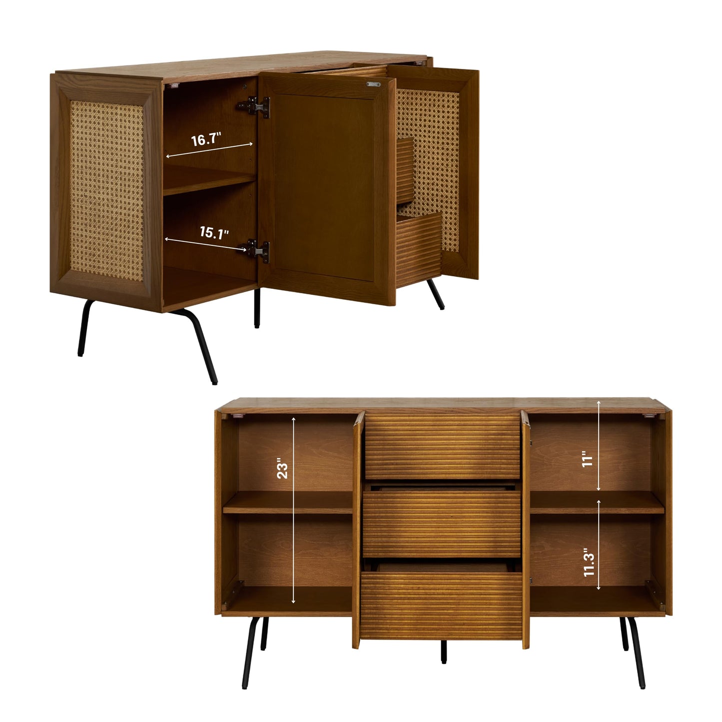 NTC MOSSIC Sideboard with 2 Doors and 3 Drawers, Buffet Cabinet with Natural Rattan and Metal Legs, Modern Storage Cabinet for Living Room, and Hallway, Effortless Assembly - Rustic Oak