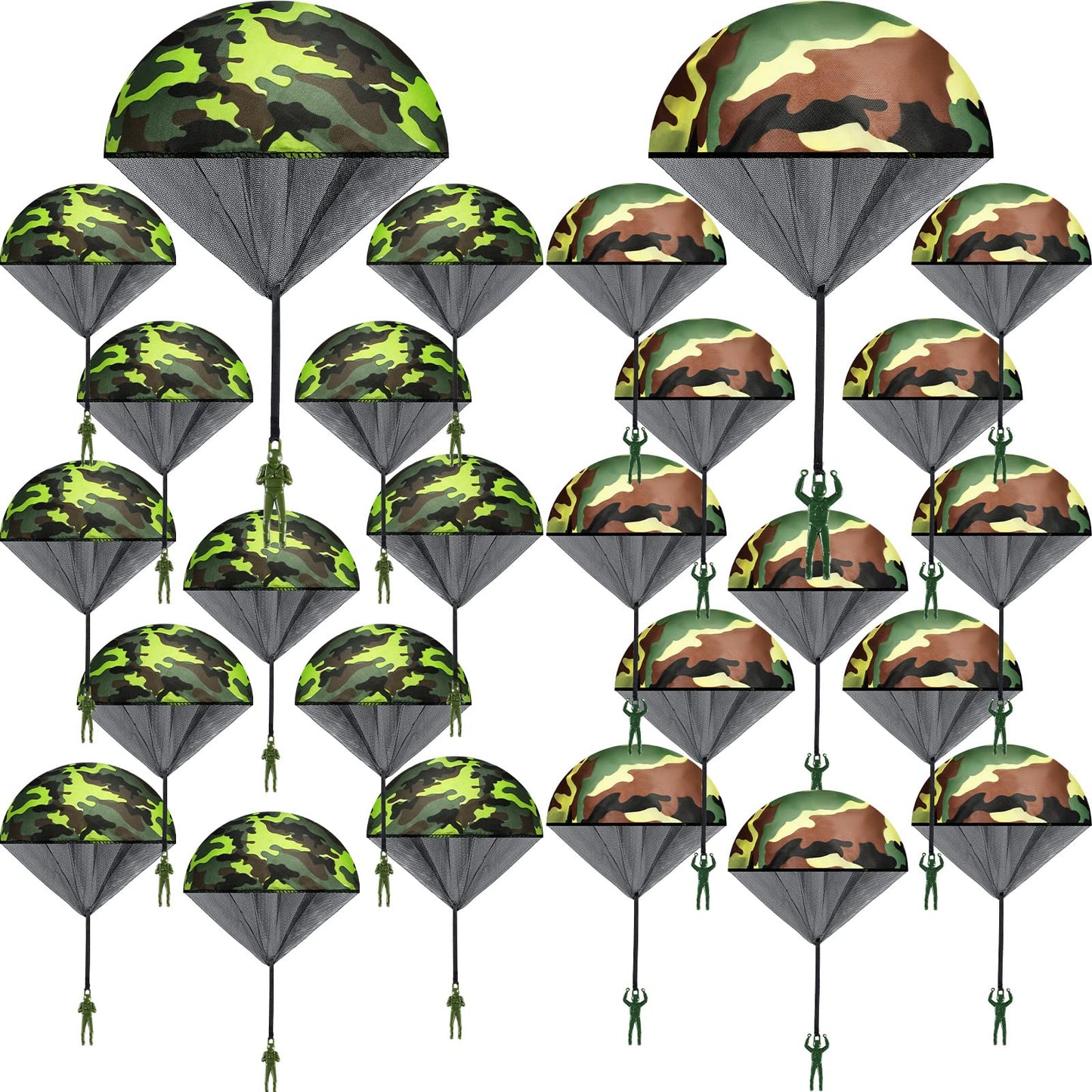 60 Pcs Army Camo Parachute Toys Hand Throwing Camo Parachute Men Toy Plastic Soldiers Army Toy Parachute Army Action Figures Hand Throw Outdoor Flying Gifts for Boys Girls Outdoor Party Game, 2 Styles