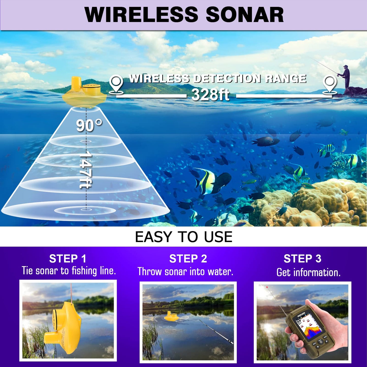 LUCKYLAKER Water Handheld Fish Finder Boat Sonar Wireless Fish Finders Waterproof Portable Display Depth Finders Transducer Sea Ice Fishing