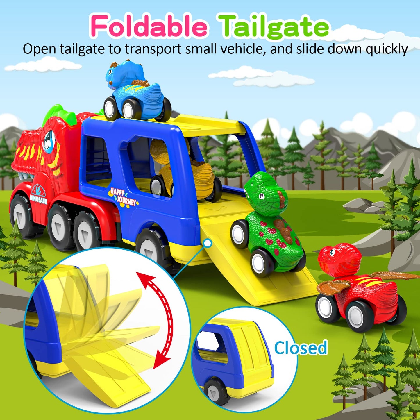 ENJSD Toys for 1 2 3 4 Year Old Boys, 5 in 1 Toys for Ages 2-4 with 4 Dinosaur Toy for Kids 3-5, Friction Powered Kids Boy Toddler Gifts with Flashing Light & Sound
