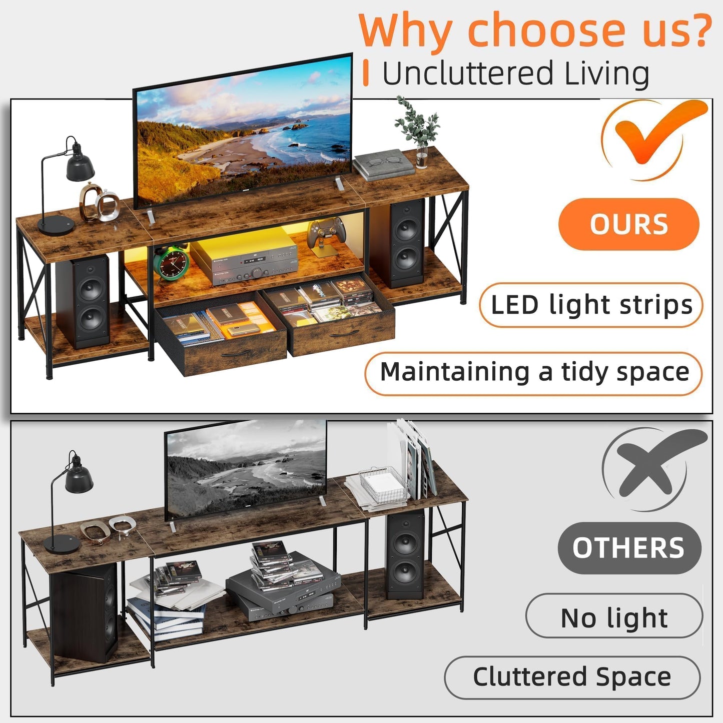 LED TV Stand for 75 70 Inch TV with Fabric Drawers LED Entertainment Center Television Stands with Storage Shelves for Living Room, Bedroom, TV Console Table 63" Rustic Brown