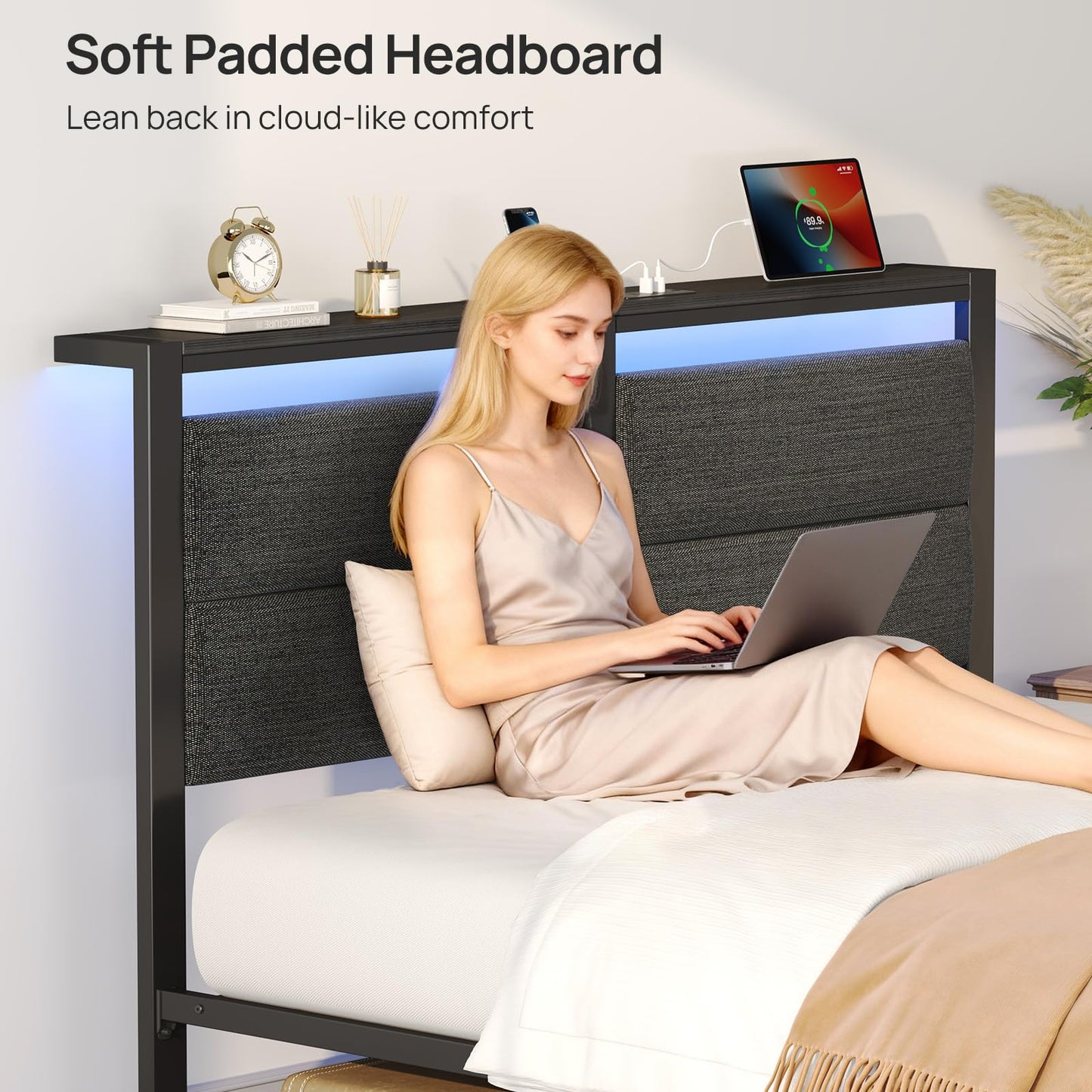 Rolanstar Full Size Bed Frame with Charging Station, LED Full Bed Frame with Upholstered Storage Headboard, Platform Bed with Metal Slats & Under Bed Storage, No Box Spring Needed, Noise Free, Grey