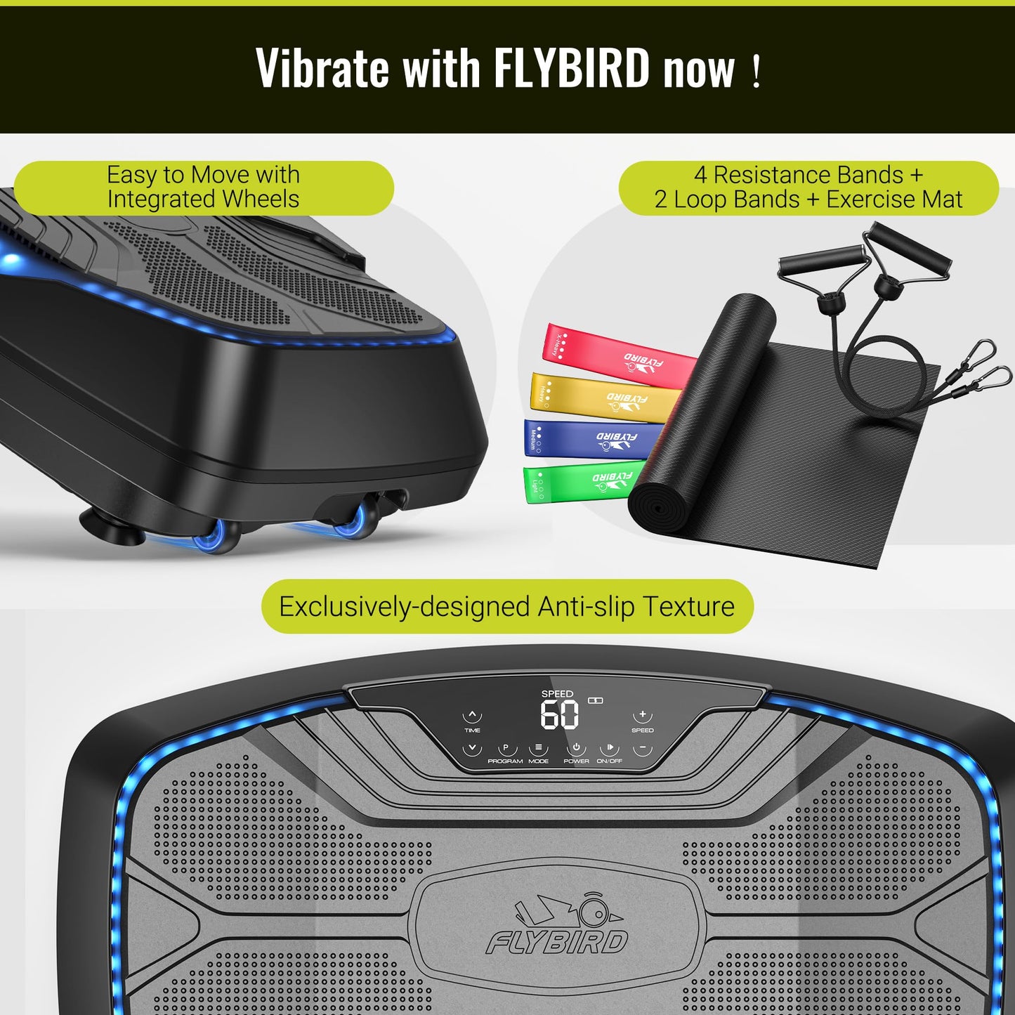 FLYBIRD Vibration Plate Exercise Machine, Adjustable Speed High Intensity Vibration for Muscle Toning Weight Loss Lymphatic Drainage, Full Body Workout Vibration Plate (Black-4D)