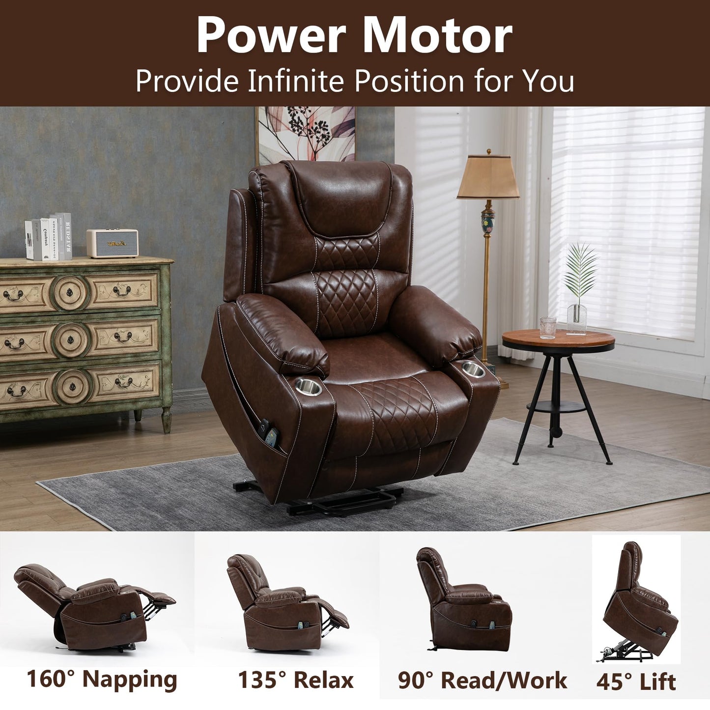 RHHVVR Oversized Power Lift Recliner Chair 400 LBS for Big and Tall Elderly, 26" Extra Wide Zero Gravity Electirc Recliner Chair with Massage and Heating, Leather Home Theater Seat, Brown
