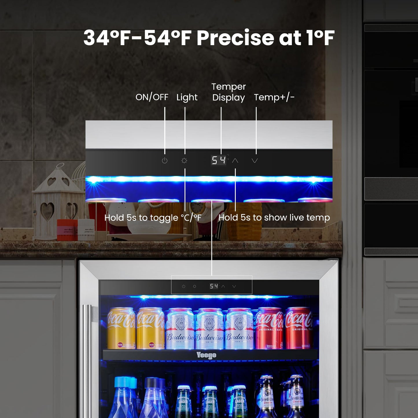 Yeego Beverage Refrigerator & Drink Fridge - 24 inch 180 Cans Beer Cooler Glass Door, 34-54℉ Under Counter Refrigerator Built-in for Drink Soda Wine for Bar Office Bedroom