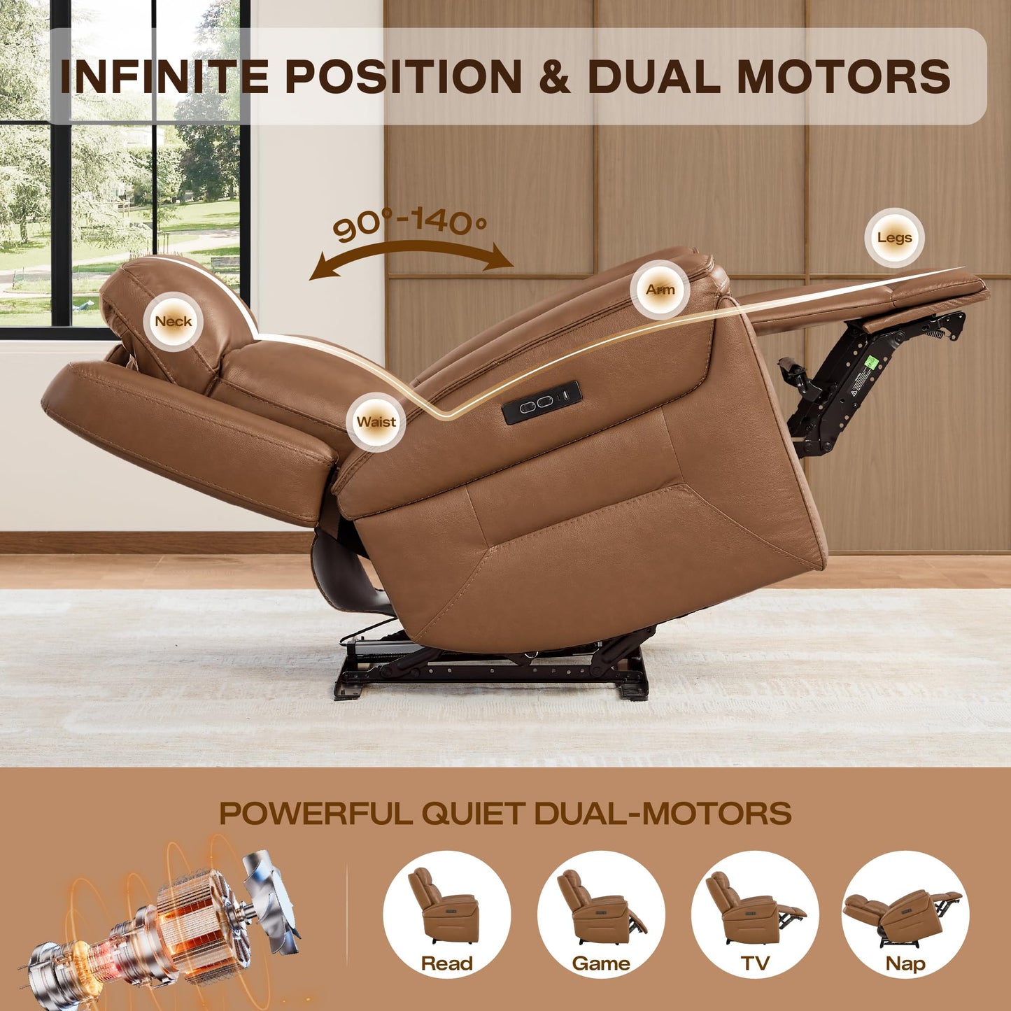 Watson & Whitely Super Zero Gravity Power Recliner Chair with Power Headrest, Genuine Leather Recliner with USB & Type-C Ports, Electric Reclining Sofa Chair for Living Room, Bedroom, Saddle Brown