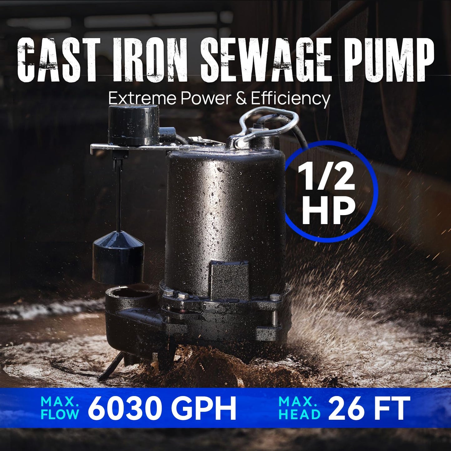 Aquastrong Sewage Grinder Pump, Cast Iron Effluent Pump, Auto Float Switch for Basement Sump Basin and Sewage Well, 2 inch Discharge, 220V 1/2HP 6030GPH No Grinder