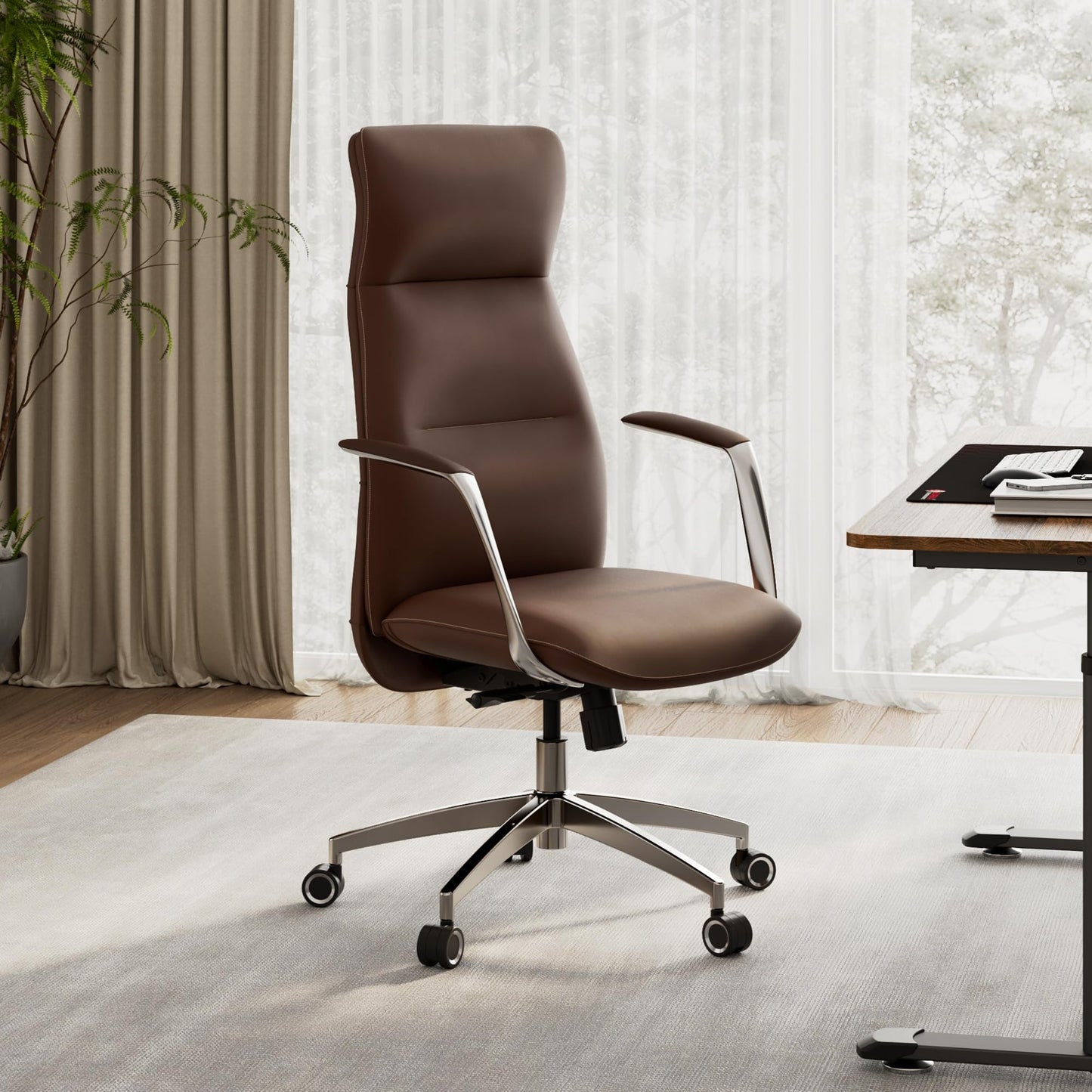 EUREKA ERGONOMIC Royal Slim Executive High Back Brown Leather Office Chair, Home Desk Chair for Adults, Big and Tall with Wheels, Swivel Rolling