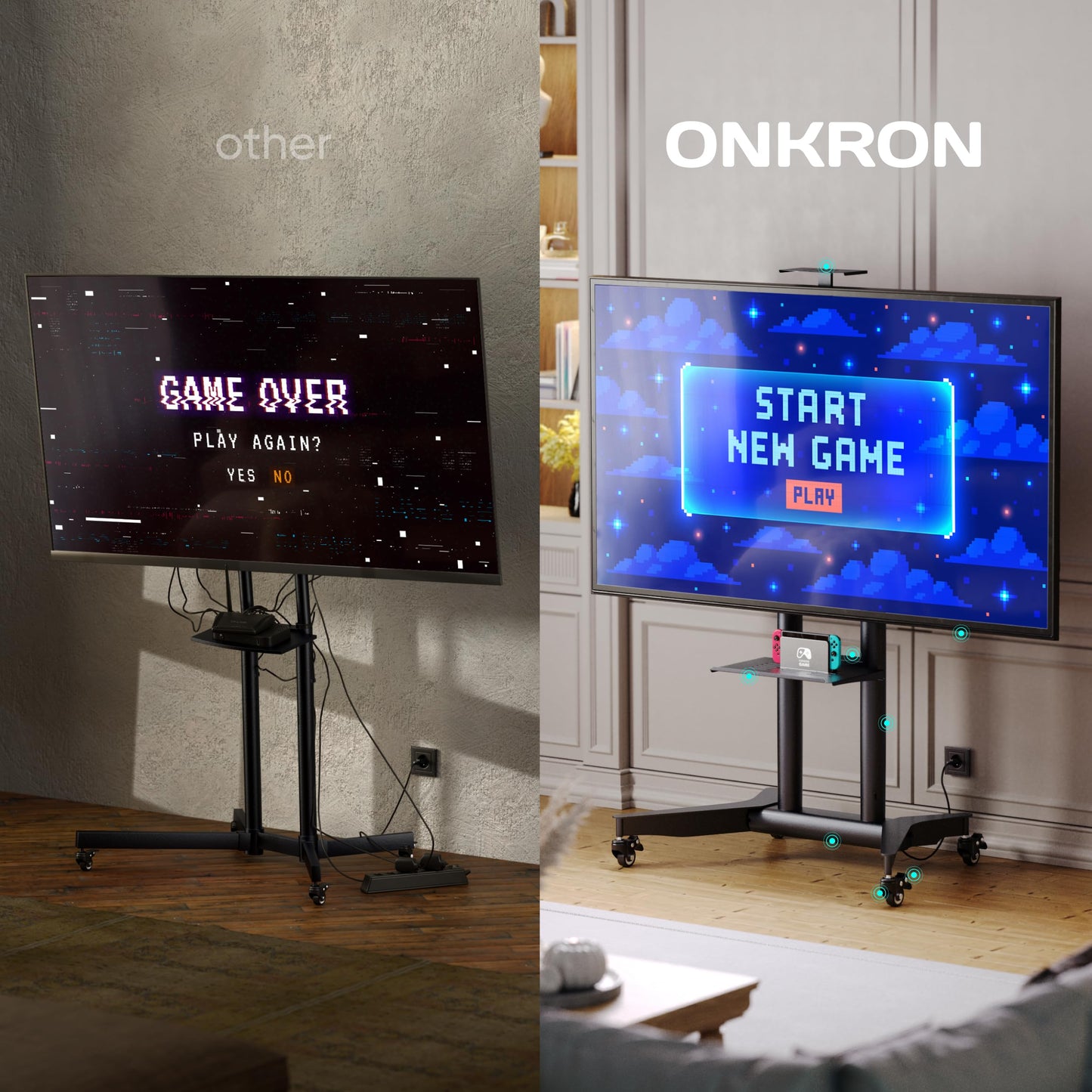 ONKRON Mobile TV Stand on Wheels for 32-75 Inch Screen, max Load 132 lbs, Height Adjustable TV Portable Stand, VESA 200x200-600x400, TV Cart Rolling TV Stand with Wheels and Shelf Black