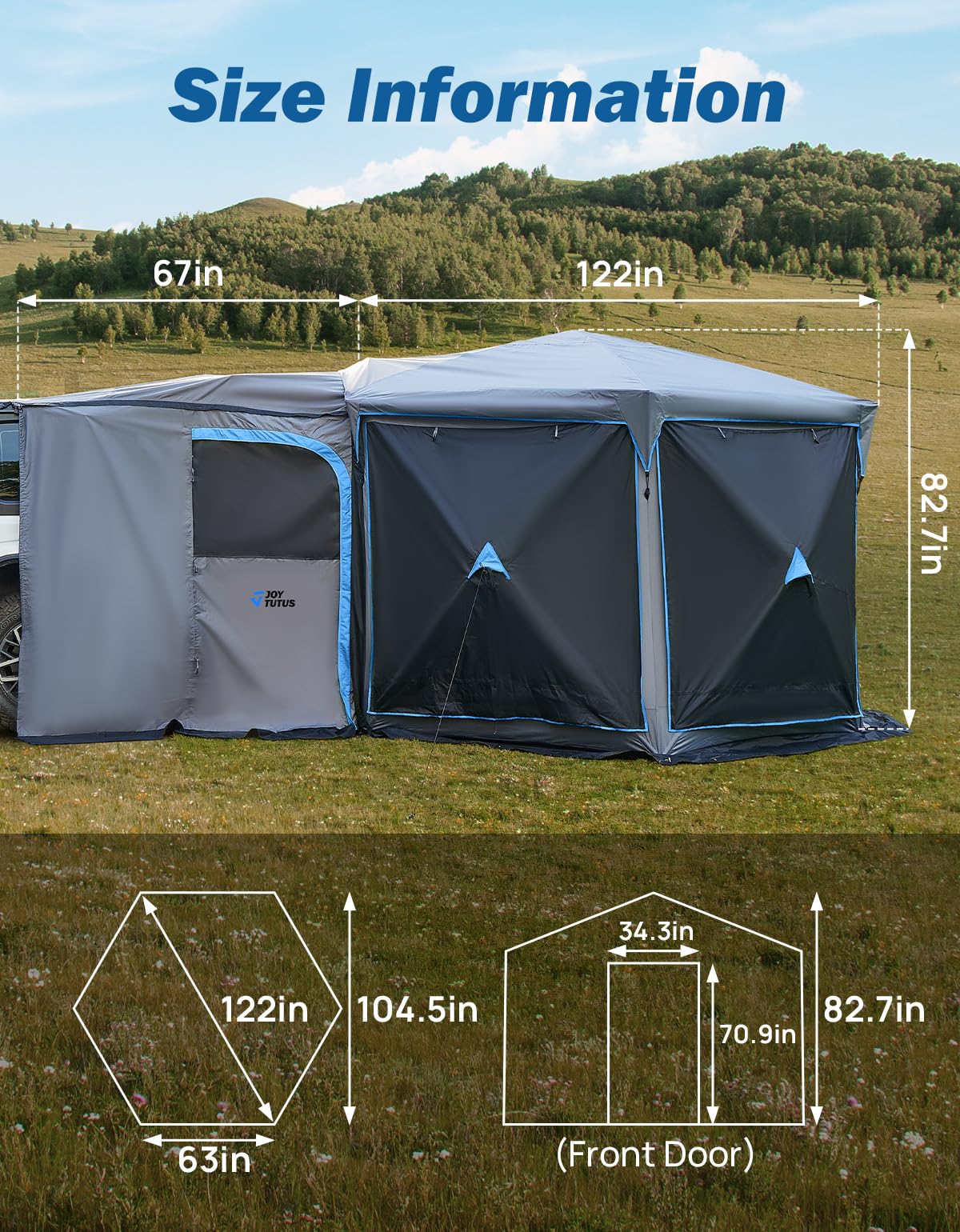 JOYTUTUS Dual-Use Pop up SUV Tents for Camping, 10 x10.5 Ft Big Space 2 Rooms Car Tent, SUV Tailgate Tent for Family Camping, 5 Sides Canopy, Portable Carry Bag, Gray Blue