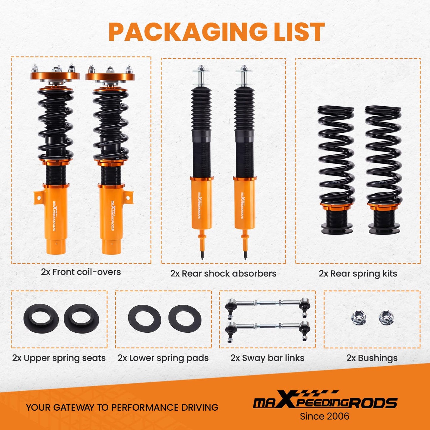 maXpeedingrods Coilovers for BMW 3 Series E90 RWD 2004-2011, for BMW E91 RWD 2004-2012, for E92 RWD 2005-2013, for E93 RWD 2006-2013, Height Adjustable Coilovers Suspension Lowering Kits Gold