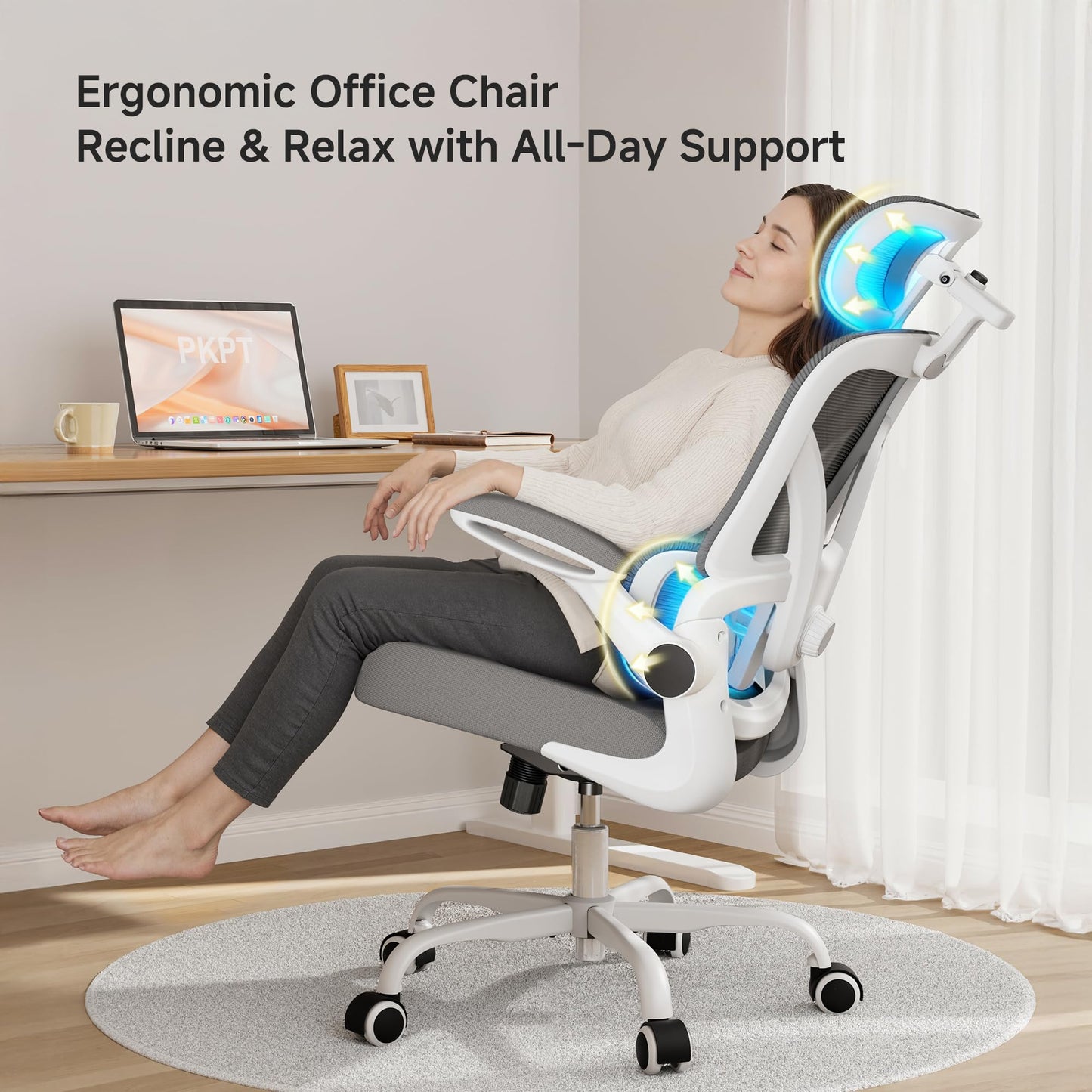 PKPT Ergonomic Office Chair, 330LBS Desk Chair with 3-Level Lumbar Support & Headrest, Breathable Mesh Backrest, Flip-Up Armrests for Home Office and Gaming, White and Gray