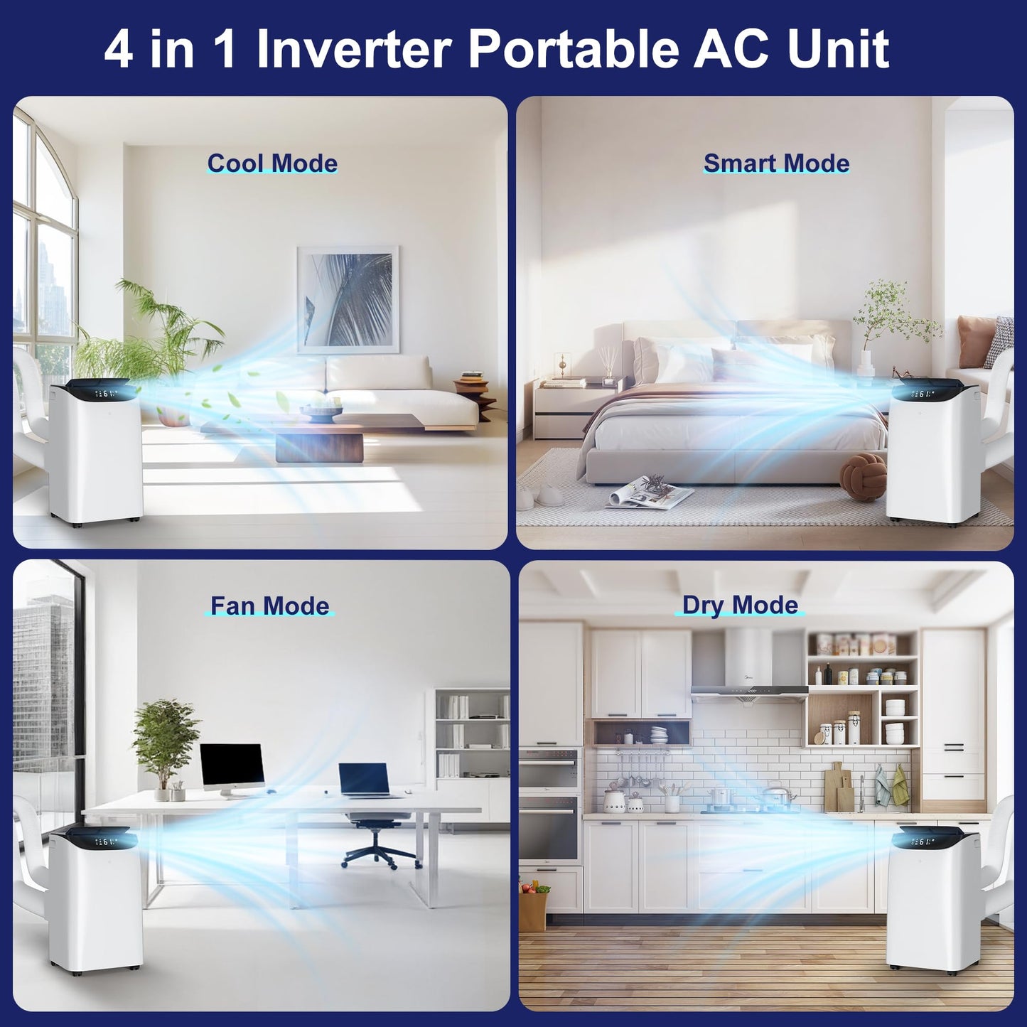Humhold Inverter 16000BTU Portable Air Conditioners with Remote, Free Stand Cooling Portable AC Unit for Room up to 800 sq.ft, with Dehumidifier & Fan, Dual Hose, Quiet Sleep Mode(42dB), Windows Kit