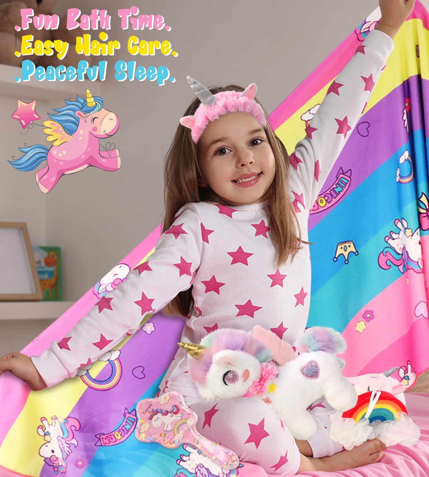 LSSAGOON Unicorn Birthday Plush Toy Gifts Gift Set for Girls Age 3-5 6-8 9-12,Bath Toys Gifts Set with Bath Towels,Headband,Bath Sponge,Sleep Mask,Comb etc.for Christmas,Easter Gifts