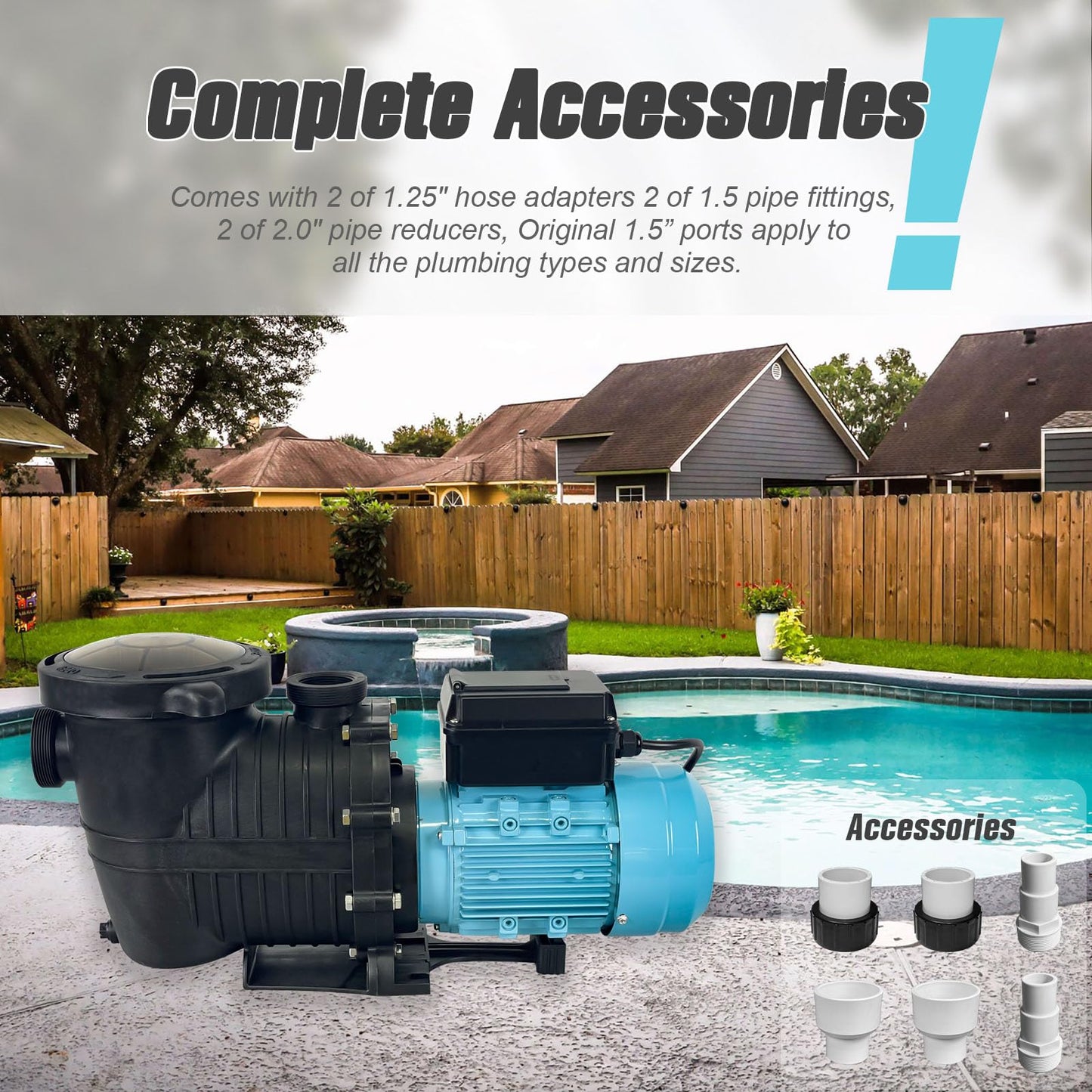 1.5 HP Variable Speed Pool Pump VS Multiple Speed Programmable Pool Pump 230Vac 5880GPH Intelligent In-ground and above ground pool Compatible with 1.5"/2.0" Pipes & 1.25/1.5" Hoses