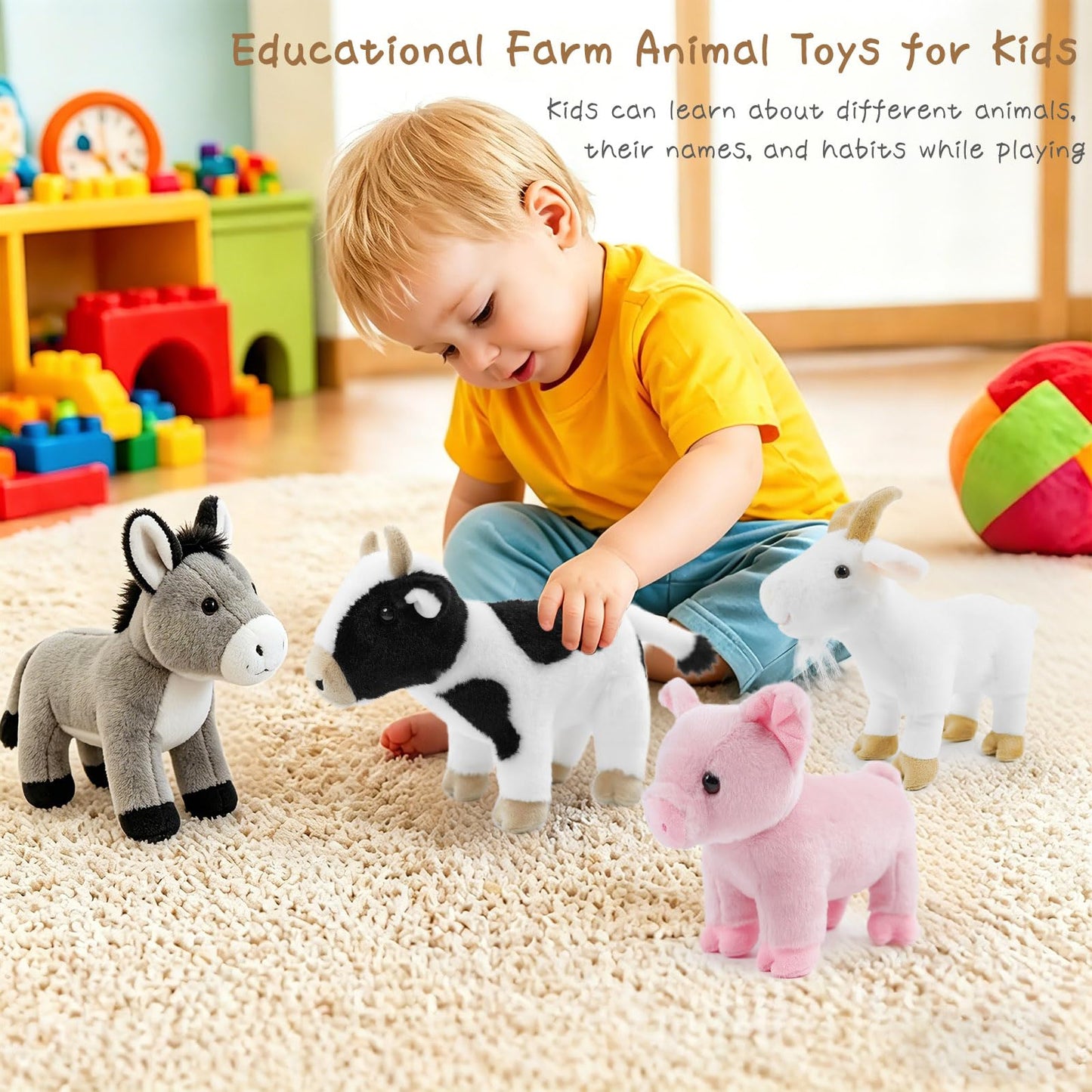 okegztoa 4 Pack 8" Plush Farm Stuffed Animals Set – Pig, Goat, Cow and Donkey, Ultra Soft Washable Toys for Kids, Adorable Farmhouse Nursery Decor for Toddlers