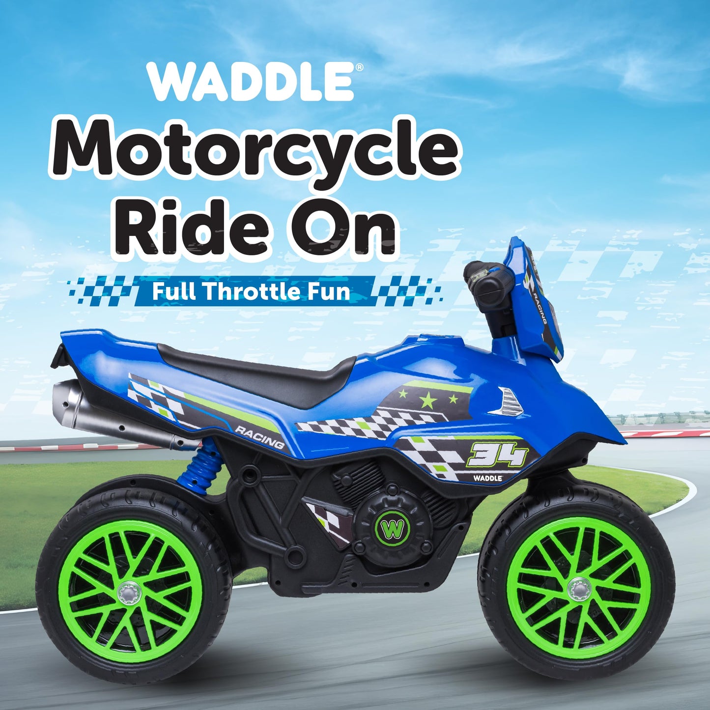 Waddle Kids Motorcycle Balance Bike - Toddler Ride on Toys w/Sounds, Wide Wheel Base, Rubber Coated Wheels, Foot to Floor Toddler Car Up to 44 Lbs, Motorbike for Kids Ages 18 Months to 3 Yrs, Blue