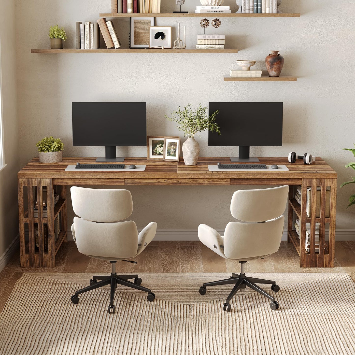 LITTLE TREE 78.7" Long Desk, 2 Person Desk with Shelves, Large Wooden Computer Desk, Heavy Duty Shelf Legs Design for Two Person Home Office, Business, Workstation, Brown (78.7" W x 23.6" D)