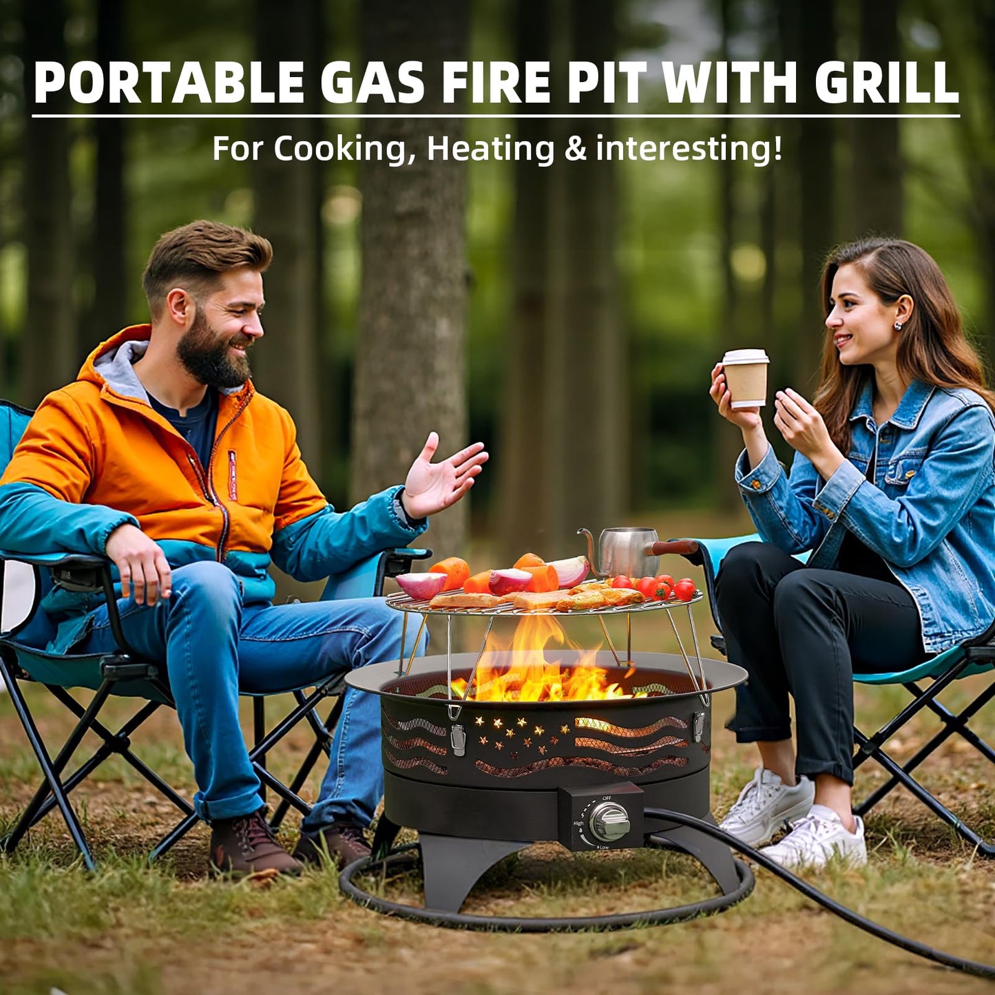 Panovue 24 Inch Portable Propane Fire Pit with Grill, 60000 BTU Outdoor Gas Firepit with Lava Rocks & Adjustable Flame, Smokeless Gas Firebowl for Backyard, Camping & Gatherings