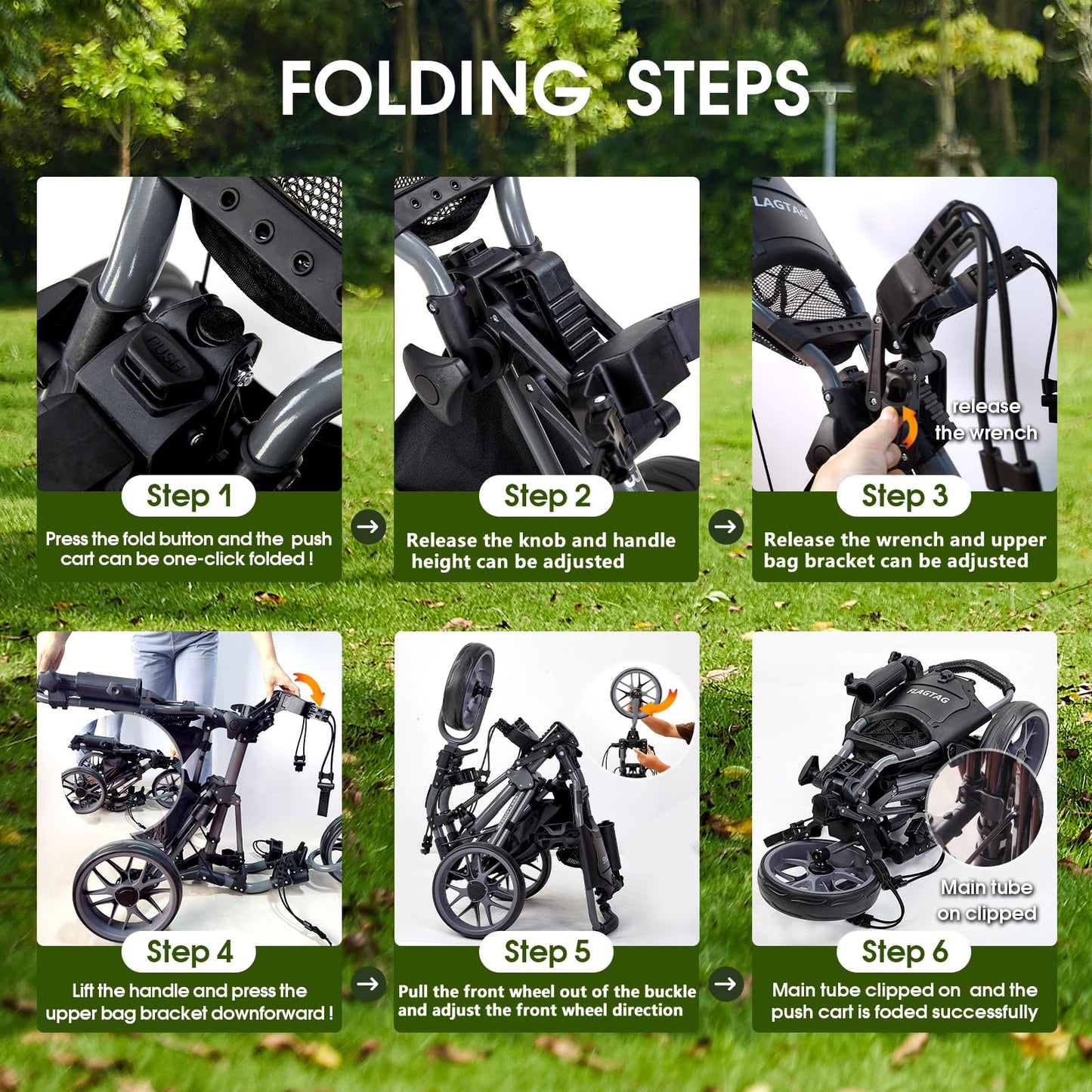 FLAGTAG Golf Push Cart 3 Wheel,Foldable Golf Push Cart,Golf Bag Cart with Foot Brake,Umbrella Holder, Cup Holder, Storage Compartment