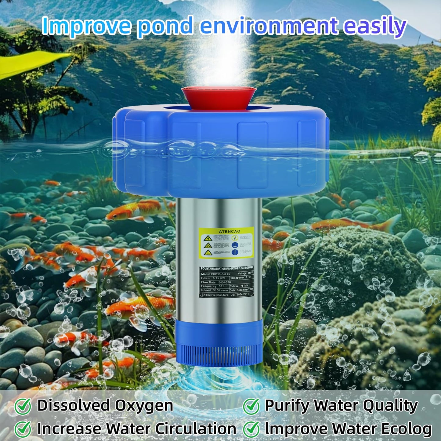 15000 GPH Pond Fountain Aerator - Fully Automatic 110V, 750W (1HP) Floating Fountain and Pond Aerator for Large and Small Outdoor Ponds and Lakes - Pond Fountain with 100 Feet Power Cord.