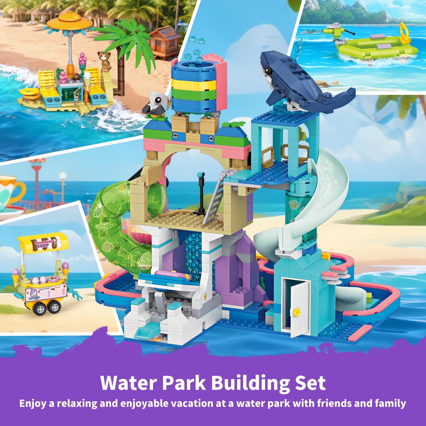 WinGift 1150Pcs Friends Water Park Building Set, STEM Summer Fun Party Toy with Swimming Pool Slides,Water Canons,Diving Platform,Animal, Pretend Play Kit for kids, Birthday Gifts for Girls Ages 6-12+
