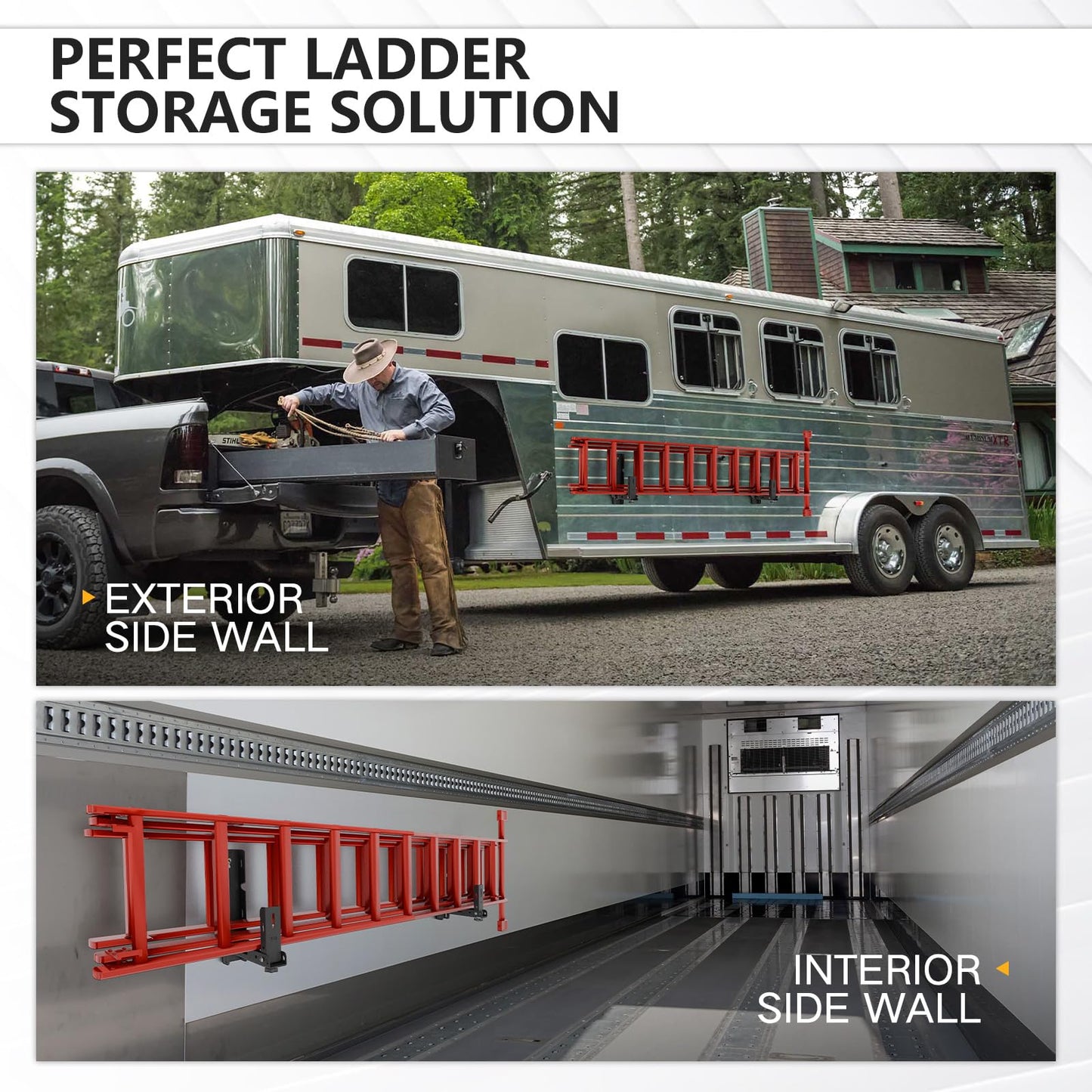 YZONA Side Mount Trailer Ladder Rack, 2PCS Foldable Heavy Duty Steel Racks with 2 straps, Exterior Wall Ladder Storage Holder for Enclosed Trailers, 350 LBS Capacity, Drilling Required