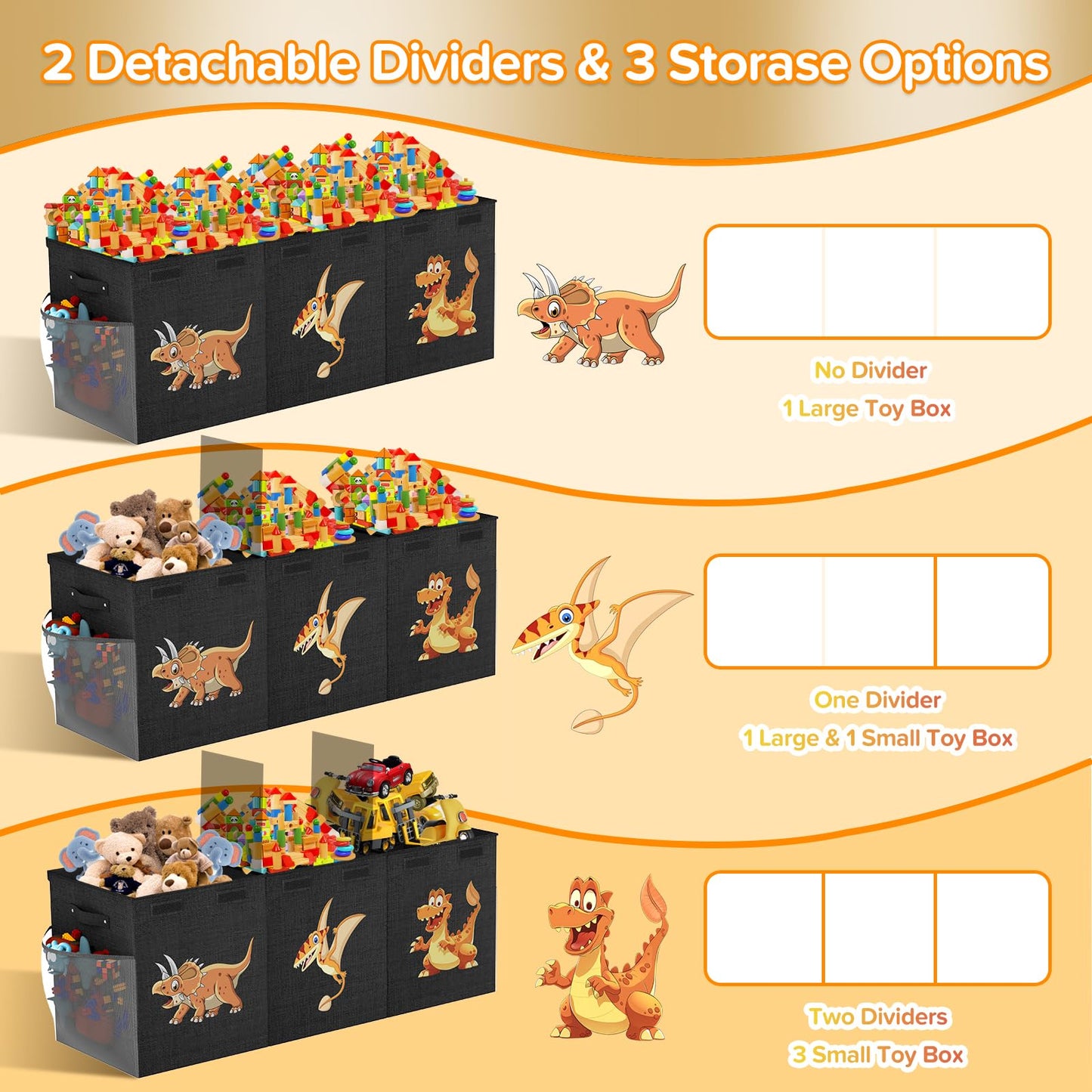 Extra Large Toy Box Chest, Collapsible Sturdy Toy Storage Organizer Boxes Bins Baskets Dinosaur Kids Toy Chest Bin with Lids for Boys Girls Living Room Playroom Bedroom Nursery 41"x14"x16" Black
