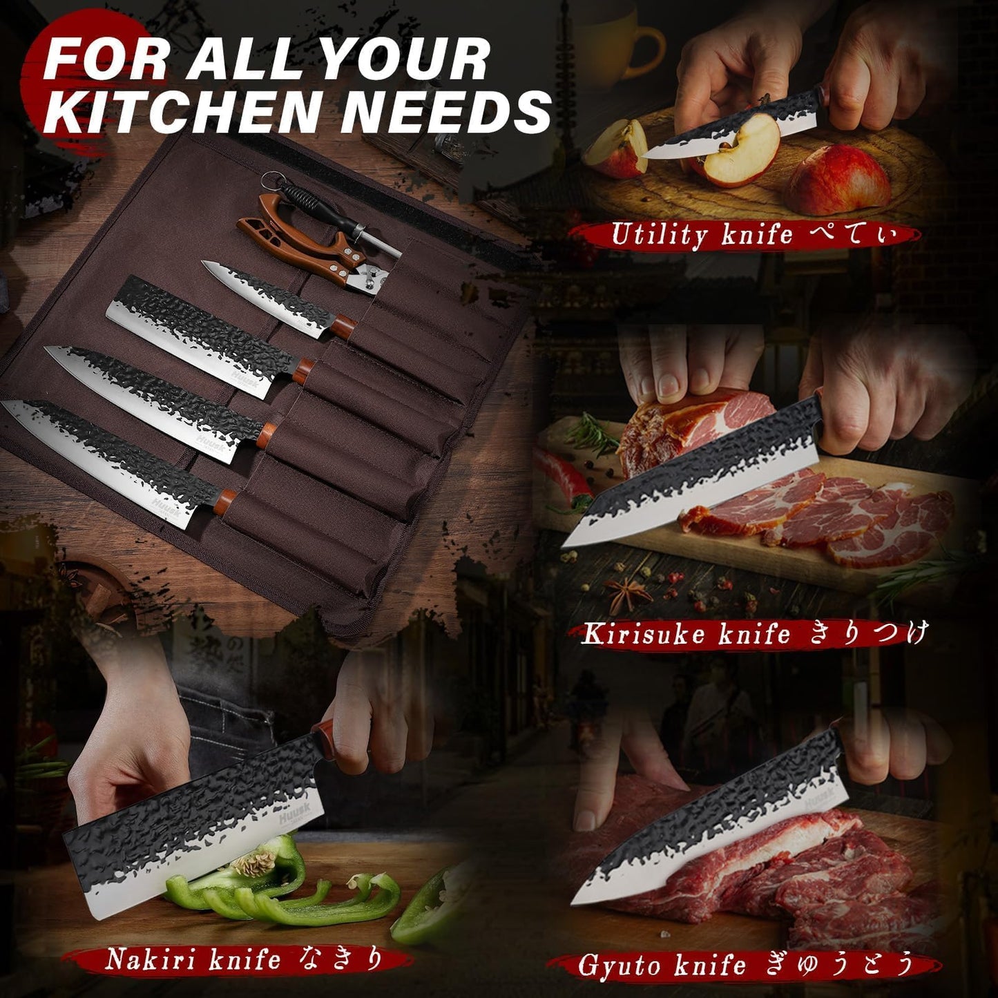 Huusk Japanese Knife Set 6pcs with Covers - Professional Chef Knife Set with Bag & Sharpener, High Carbon Steel Forged Knives Sets with Scissors, Japanese Kitchen Knives Sets, Christmas Gifts for Men