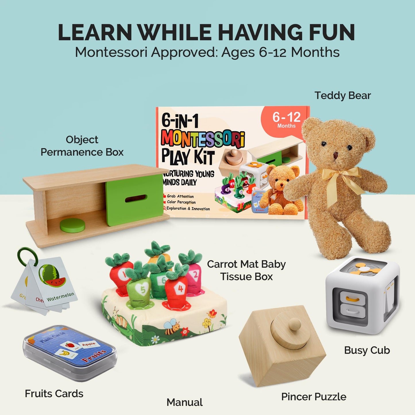 SmileyBubs Montessori Baby Toys 6-12 Months, Montessori Toys for 1 Year Old, Baby Sensory Toys for 6-12 Month Infants - A Sliding Box, Puzzle, Switchboard, Pulling Carrots, Doll, Fruit Flash Cards