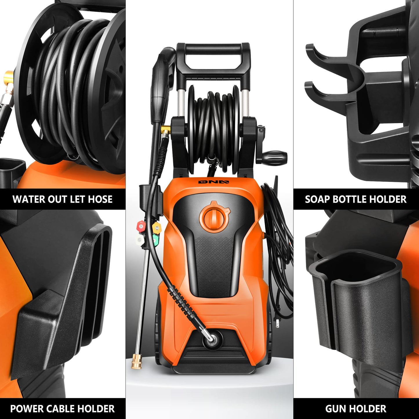DNA Motoring TOOLS-00230 Up to 2176 PSI Pressure 2.4 GPM Max Flow Electric Pressure Washer for Yard and Car Cleaning with Spray Nozzle Foam Bottle + 4 Turbo Nozzles IPX5 Driveway Patio Deck(Orange)