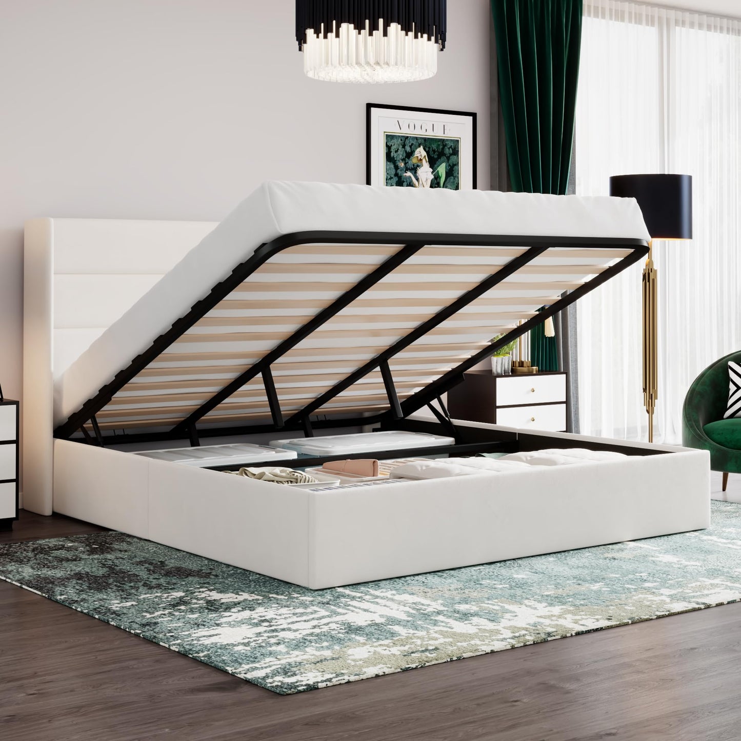 SHA CERLIN King Size Lift Up Storage Bed/Velvet Upholstered/Modern Wingback Headboard/Upholstered Platform Bed Frame/Hydraulic Storage/No Box Spring Needed/White