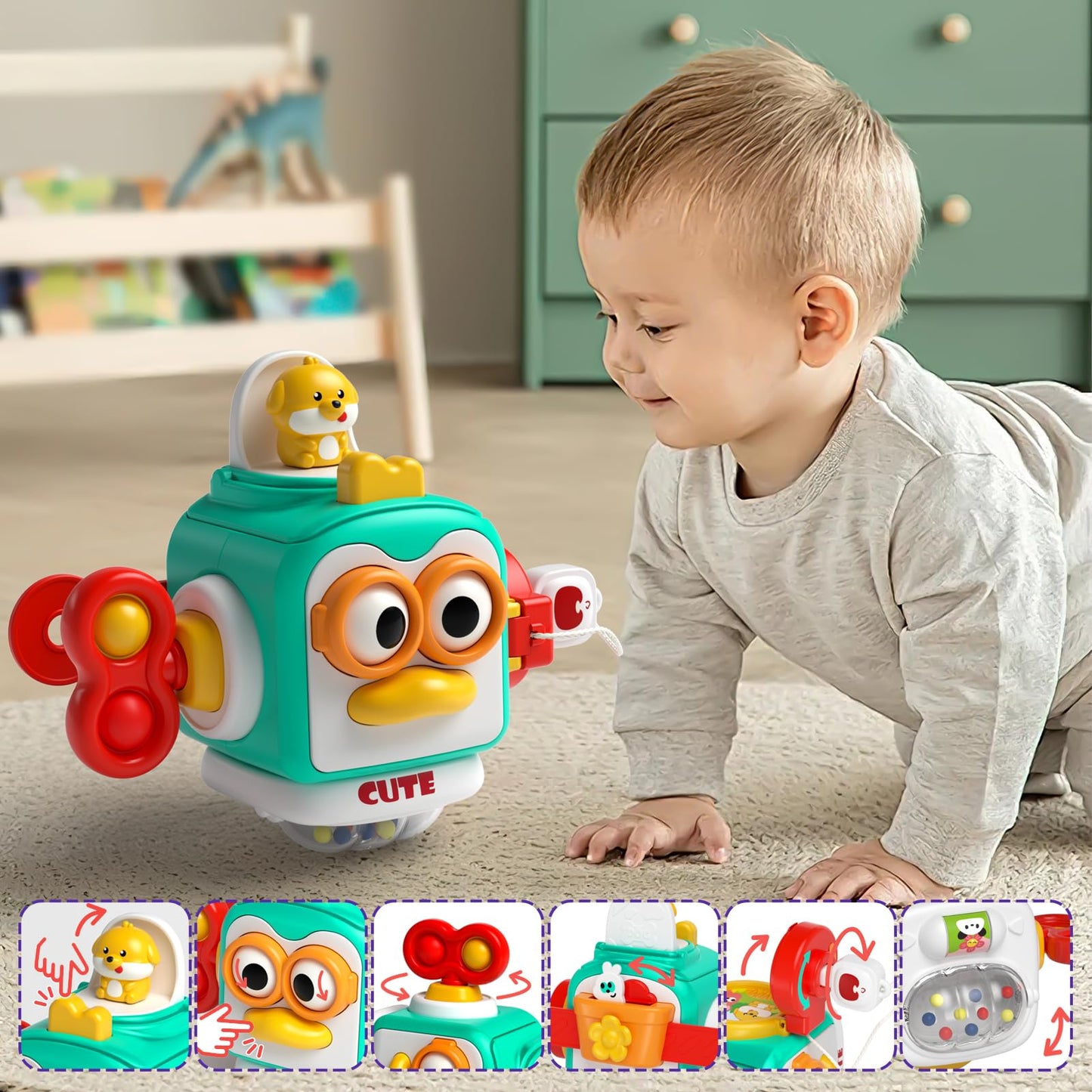 usrela 4 in 1 Baby Toy for 6 9 12 18 Month, Learning Toys for Babies 6-12 Months, Baby Busy Cube, Stacking Sorter, Pull String & Piano Xylophone Travel Toy, Birthday Gift for 1 2 Year Old