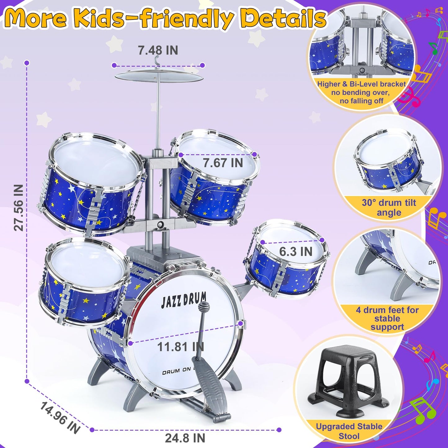 Upgraded Kids Drum Set for Toddlers 1-3, Kids Jazz Drum Ages 3-5, Star Light up Musical Instrument Toys for Boys Girls 2-5 4-6 5-7 ( All Plastic)