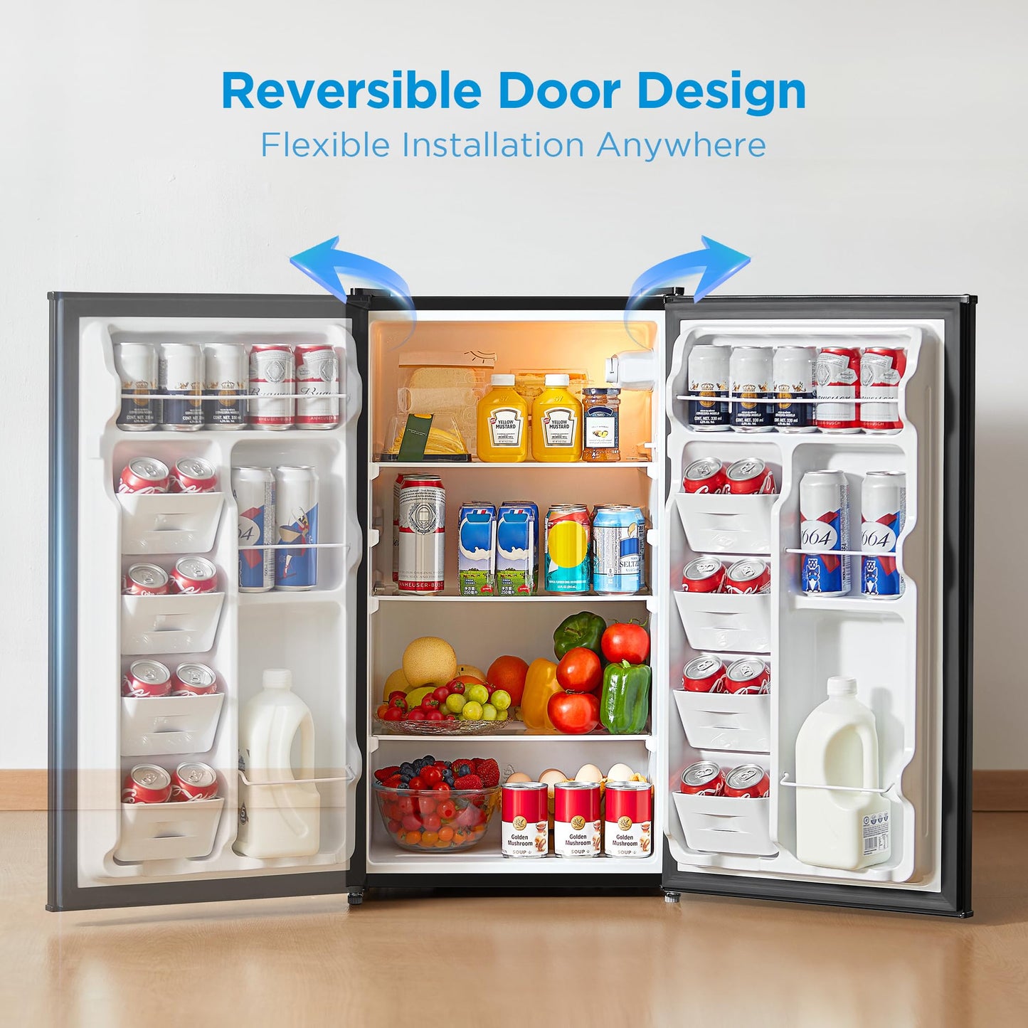Midea MERM33S1ABB Mini Fridge, 3.3 Cu.ft Compact Fridge with Internal Light, Adjustable Thermostat, Reversible Door, Low Noise for Dorm, Office, Bedroom Black