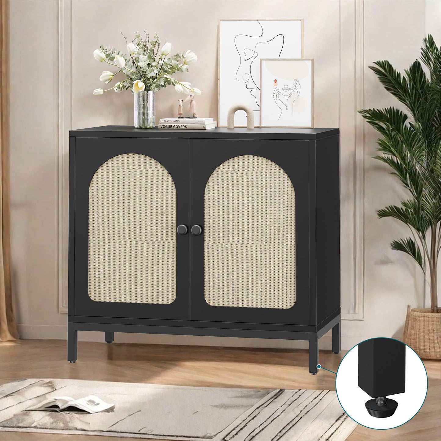GarveeHome Rattan Sideboard Buffet Cabinet Set of 2, Boho Accent Kitchen Storage Liquor Bar Console Cabinet with Adjustable Shelf for Living Room, Hallway, Black