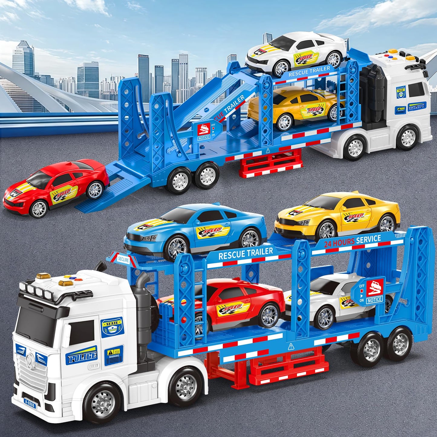 BainGesk Semi Truck Toys Car for 3, 4, 5, 6, 8 Years Old Boys Girls, Adjustable Double Decker Carrier Truck with Light & Sound, Car Hauler with Trailer Toy, Large Transport Toy Gifts for Toddler