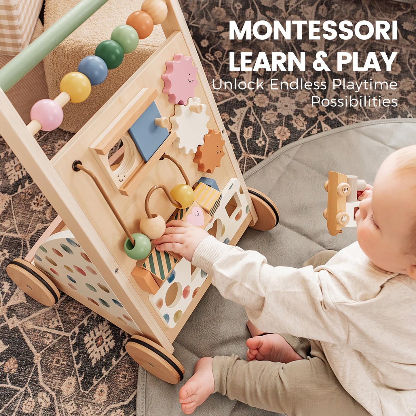 Tiny Land Wooden Baby Walker with Adjustable Speed, Montessori Activity Push Walker Toy for Toddlers, Baby Gift Parents Love for Boys & Girls(Morandi)