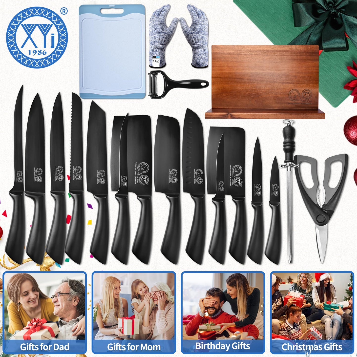 XYJ Professional Knife Sets for Master Chefs,Meat Cleaver Butcher for Camping,Chef Knife Set with Magnetic Knife Block,Bag,Stainless Steel Kitchen Knives Tools Kit