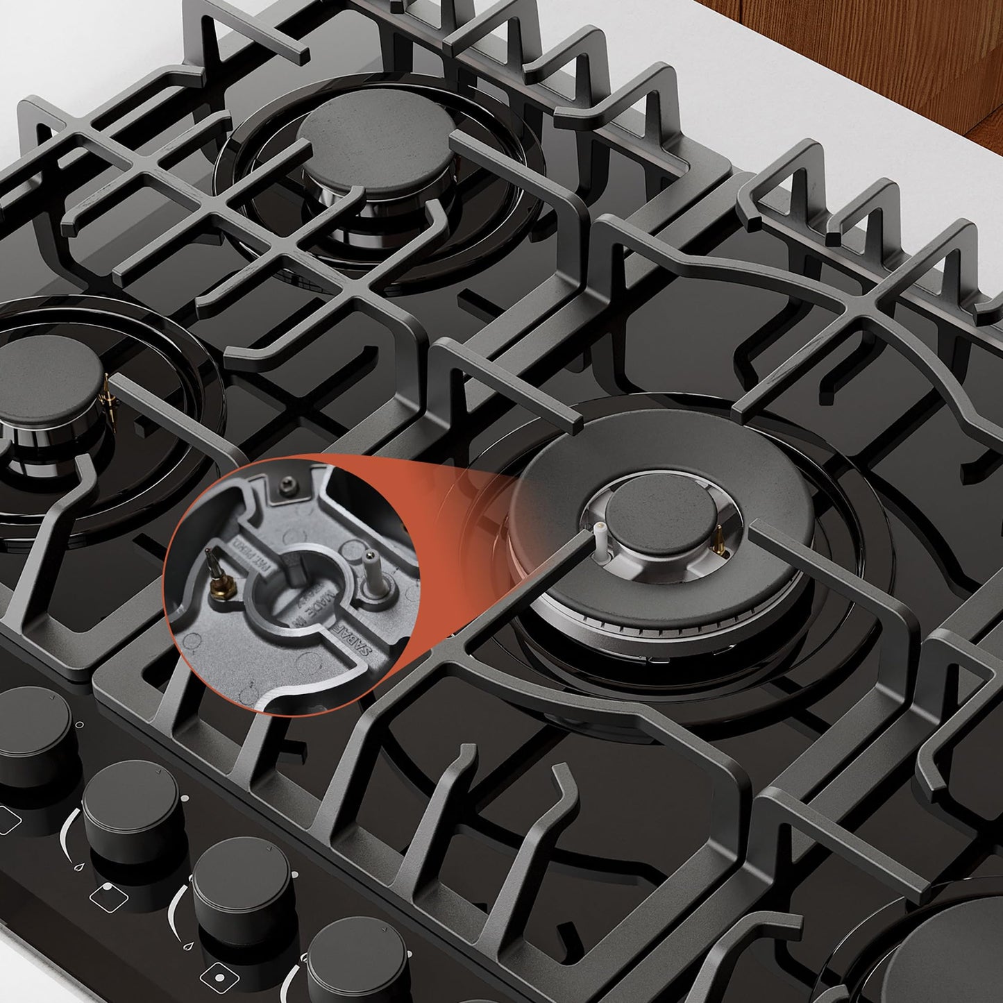 Empava 30 in. Gas Stove Cooktop 5 Italy Sabaf Sealed Burners NG/LPG Convertible in Black Tempered Glass EMPV-30GC26, 36 inches