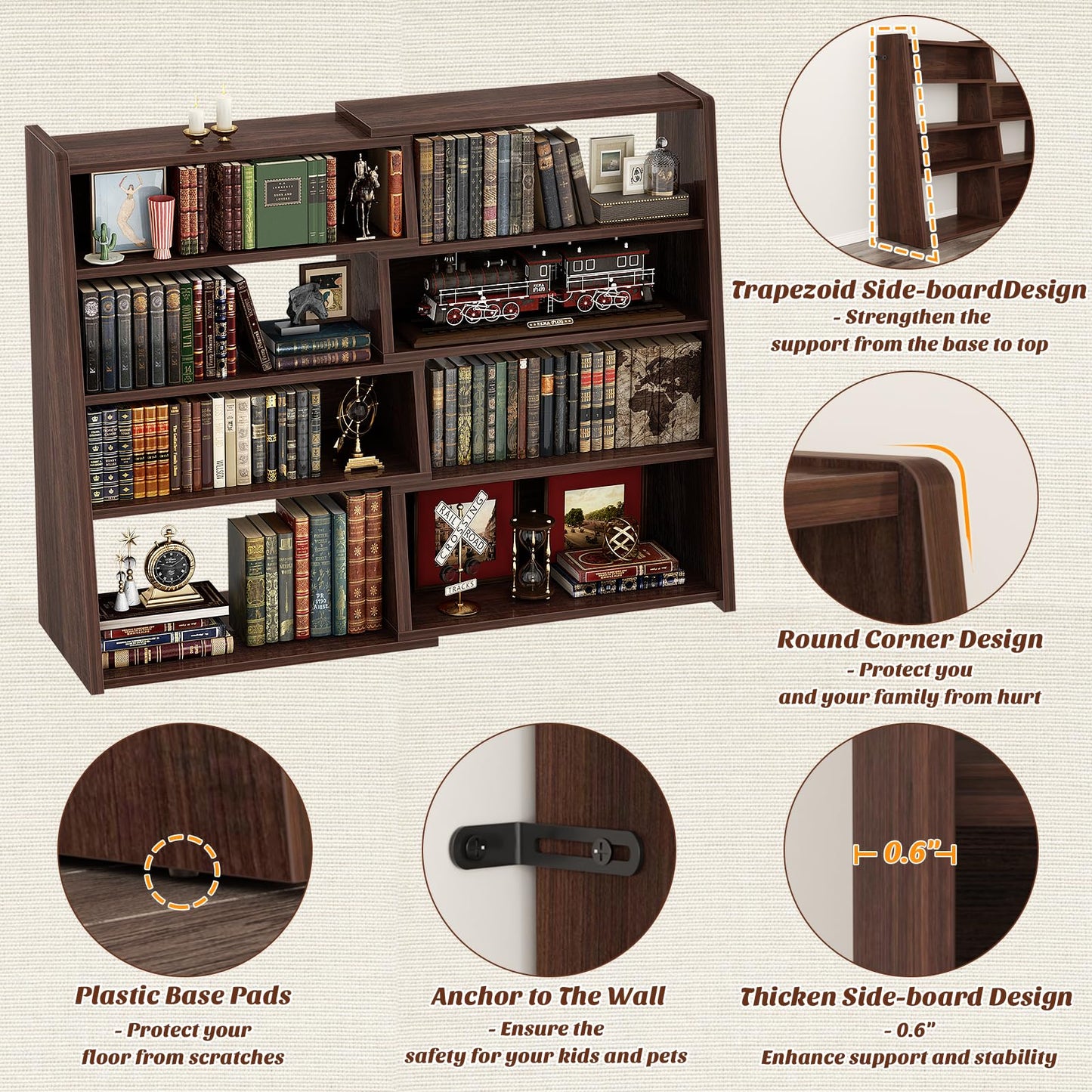 Armocity Book Shelf - Small Expandable Ladder Shelf, Short Corner Bookshelf for Small Spaces, 5 Tier Wood Narrow Bookcase, for Living Room, Bedroom, Entryway, Black Walnut