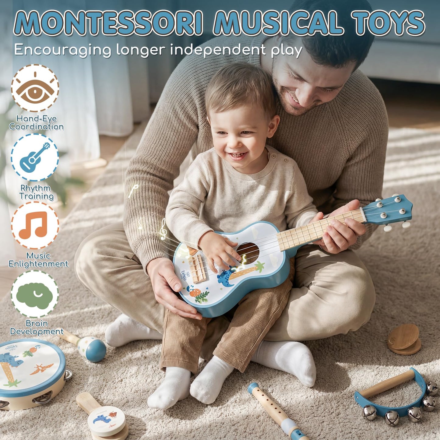 Lehoo Castle Kids Guitar Set, Dinosaur Guitar for Toddlers 1-3, Wooden Montessori Musical Instruments 7 in 1 with Ukulele/Tambourine/Maracas/Flute, Mini Band Set Birthday Gift for Boys Girls