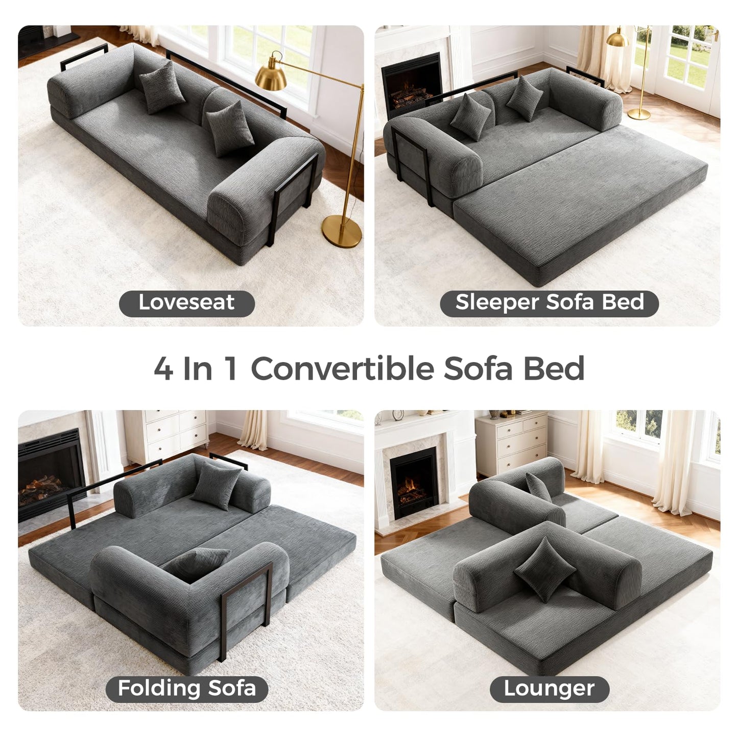HipyMo 4-in-1 Folding Convertible Sofa Bed, 78 Inch Boneless Couch with Fixed-Shape Frame, Loveseat Sleeper with Pull Out Bed, Floor Sofa Modular Futon Couch for Living Room Bedroom Lounge (Gray)