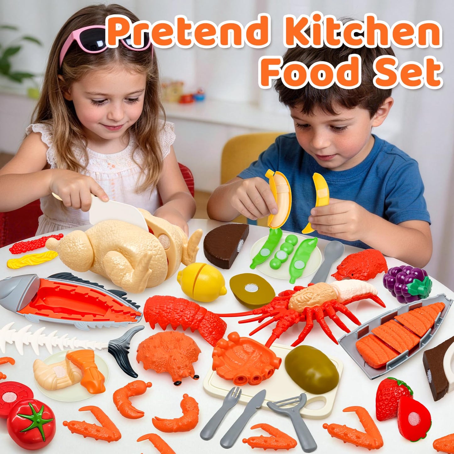 22pcs Play Seafood Cut Toys Set for Kids Play Kitchen, Montessori Toddler Kitchen Playset with Toy Food & Fake Fruit, Kitchen Set for Kids & Toddler Cutting Set, Kitchen Toys for Boys Girls Ages 3 4 5