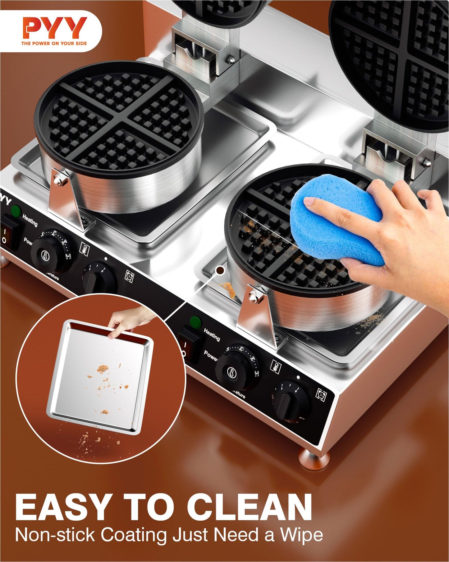 PYY Commercial Waffle Maker - Double Waffle Maker 2500W Large Stainless Steel，Silver Non-stick Electric Chaffle Maker for Restaurants, Waffle Houses, and Carnival Events